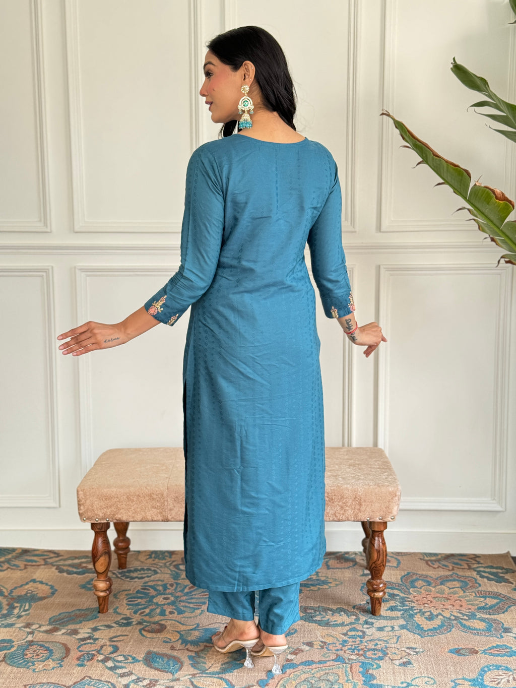 Women's Rama Viscose blend  Embroidered Straight Kurta with Viscose blend  Pant And Organza Laced Dupatta Sets