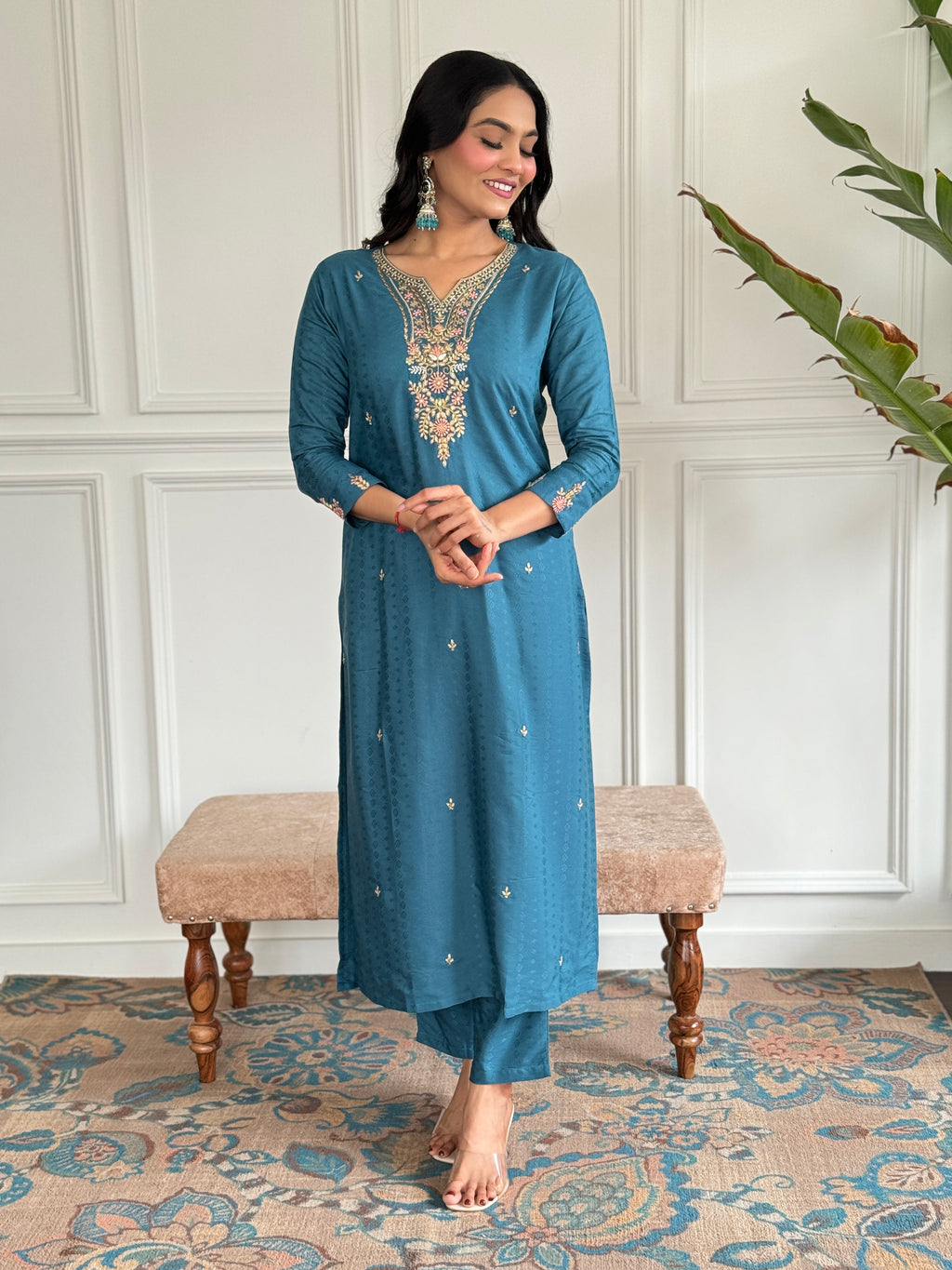 Women's Rama Viscose blend  Embroidered Straight Kurta with Viscose blend  Pant And Organza Laced Dupatta Sets