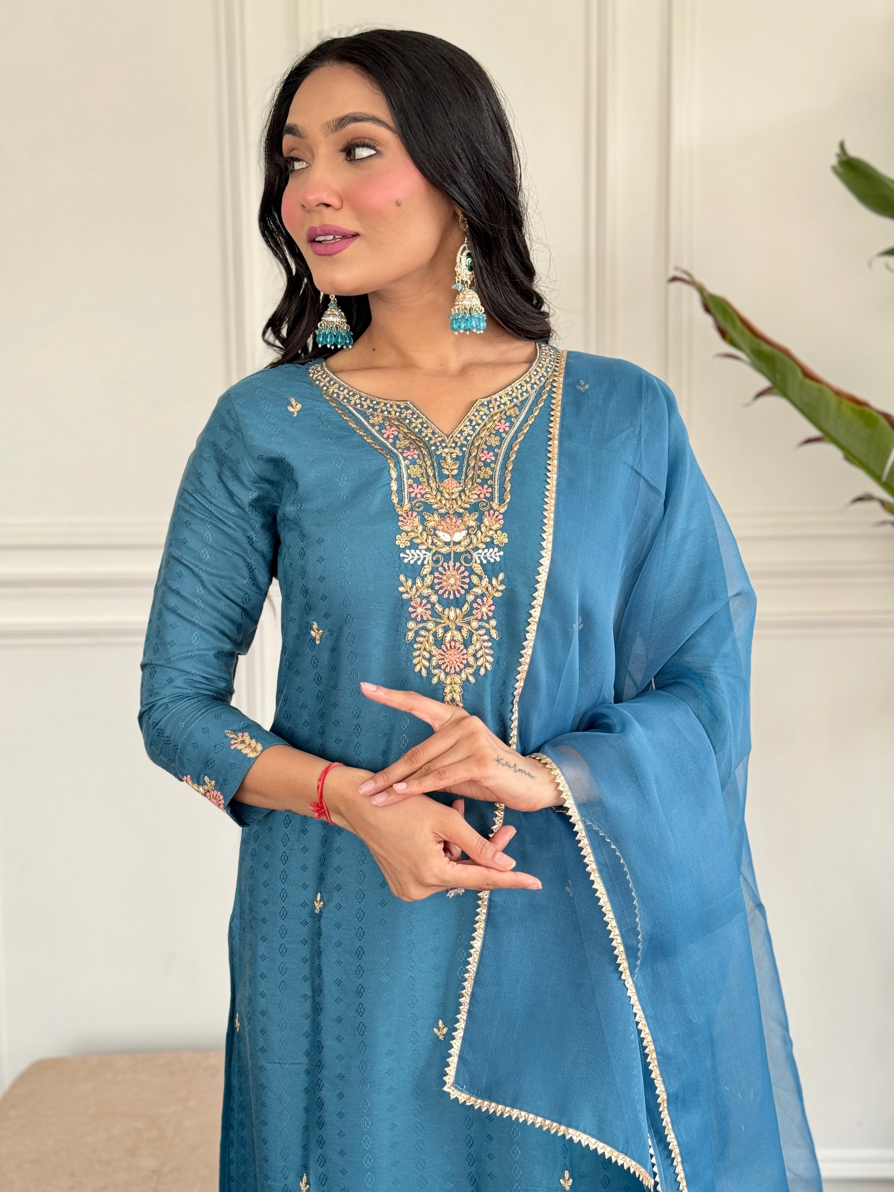 Women's Rama Viscose blend  Embroidered Straight Kurta with Viscose blend  Pant And Organza Laced Dupatta Sets