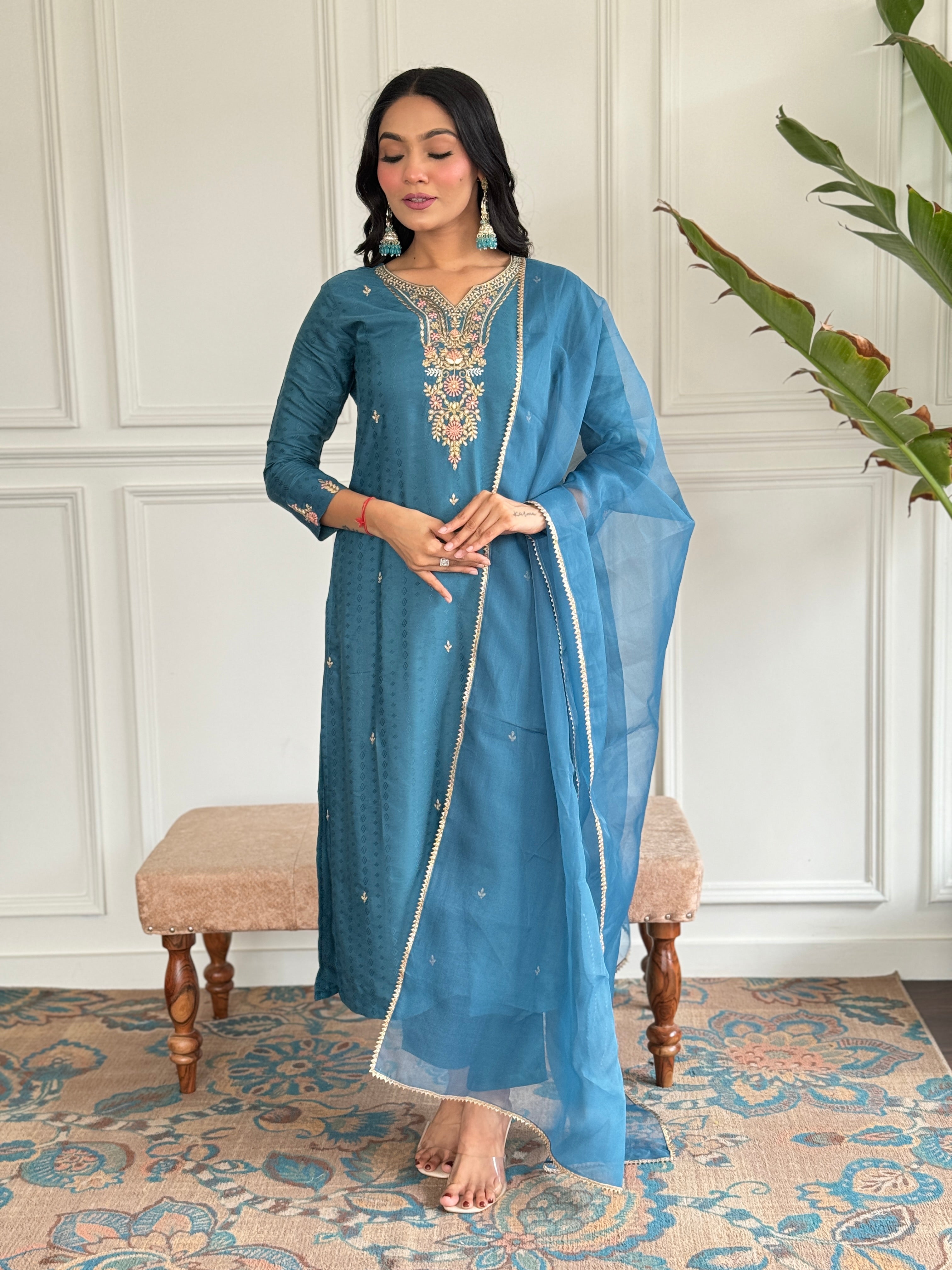 Women's Rama Viscose blend  Embroidered Straight Kurta with Viscose blend  Pant And Organza Laced Dupatta Sets