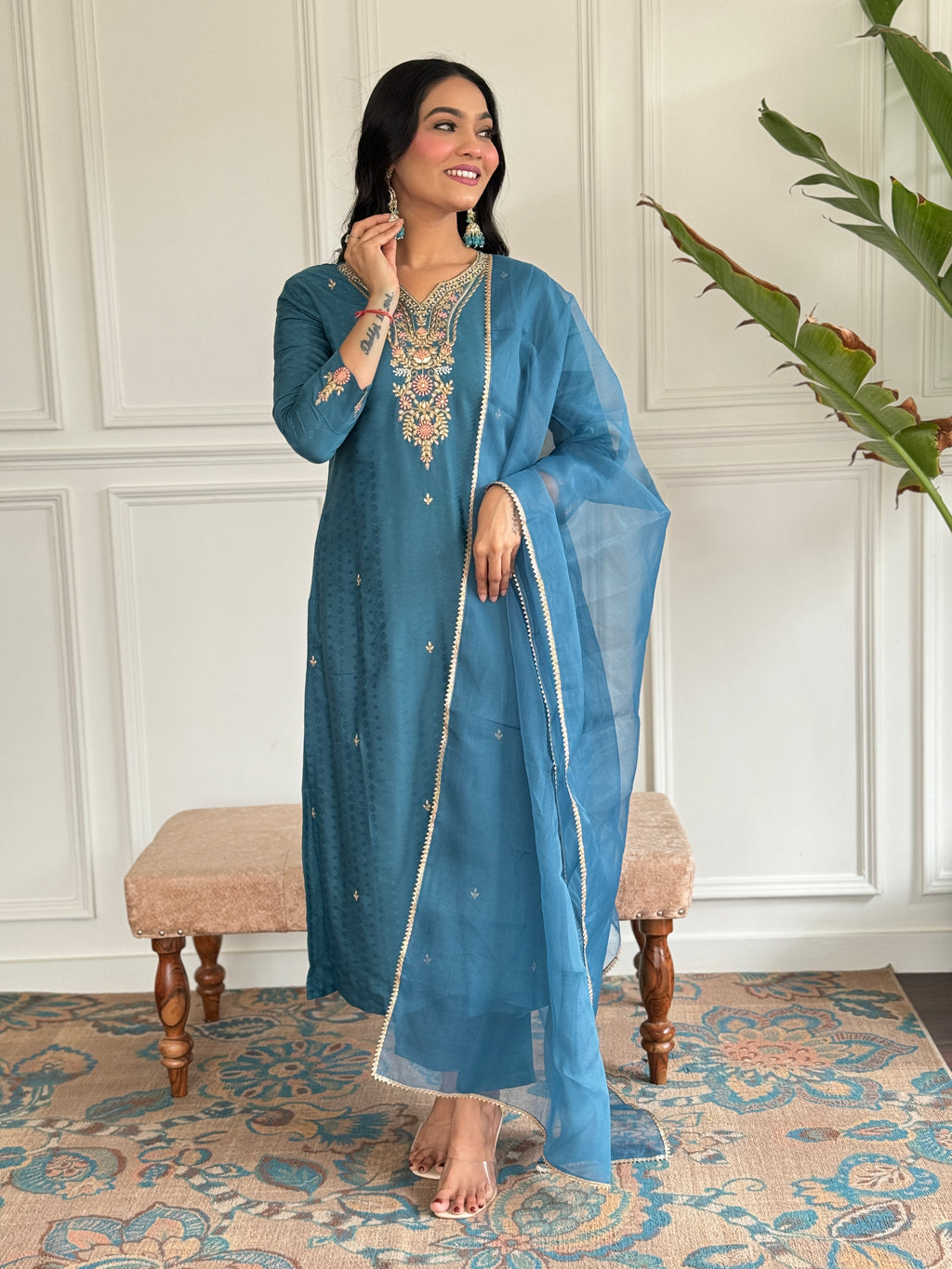 Women's Rama Viscose blend  Embroidered Straight Kurta with Viscose blend  Pant And Organza Laced Dupatta Sets