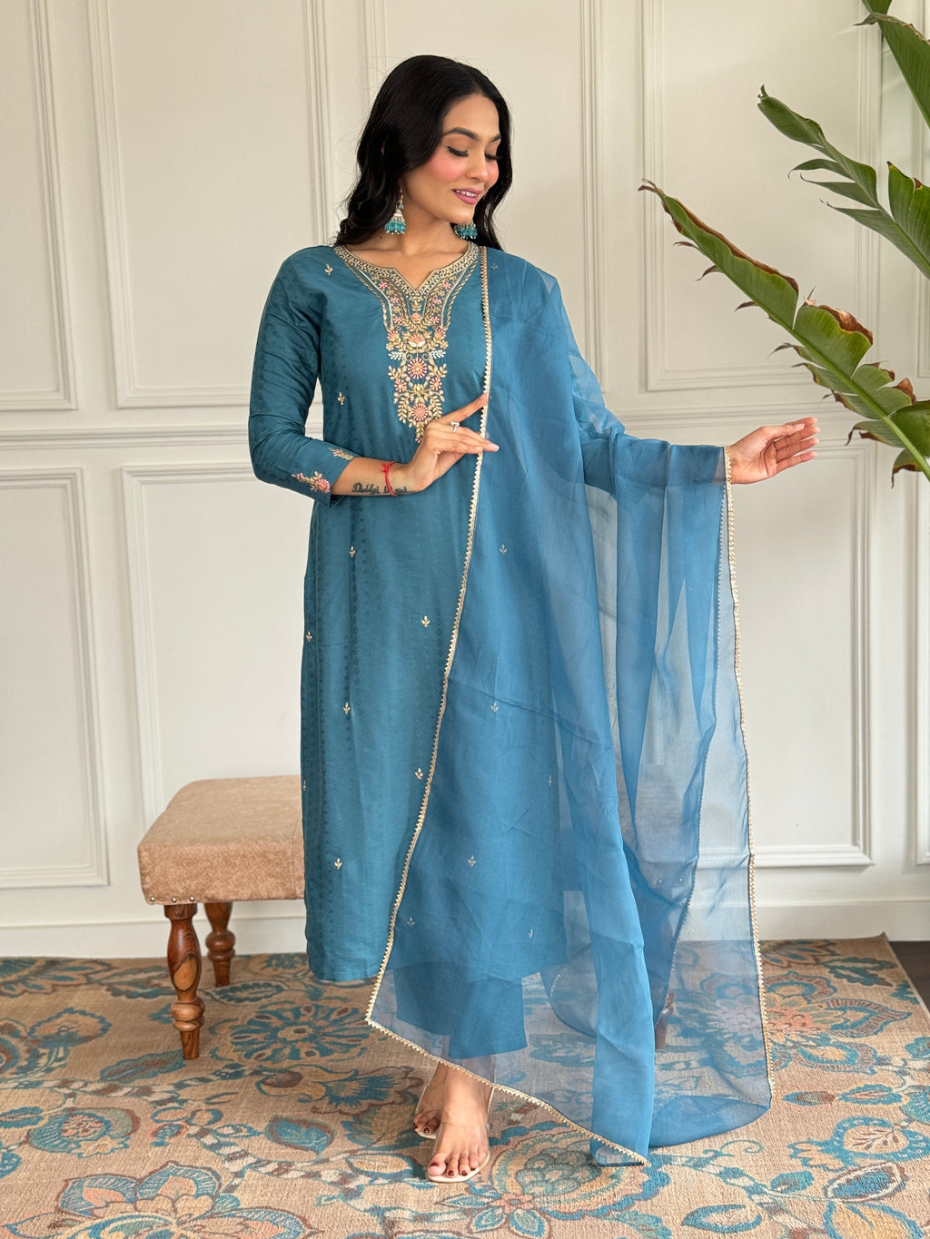 Women's Rama Viscose blend  Embroidered Straight Kurta with Viscose blend  Pant And Organza Laced Dupatta Sets