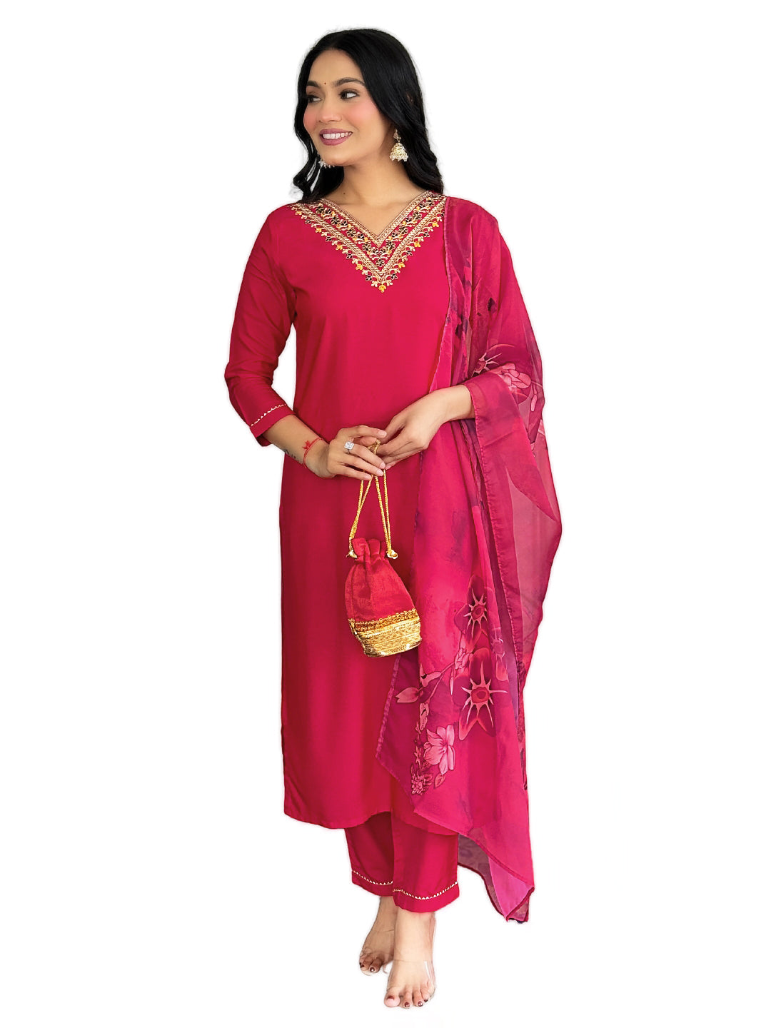 Women's Red Rayon Embroidered Straight Kurta with Rayon Pant And Silk Printed Dupatta Sets