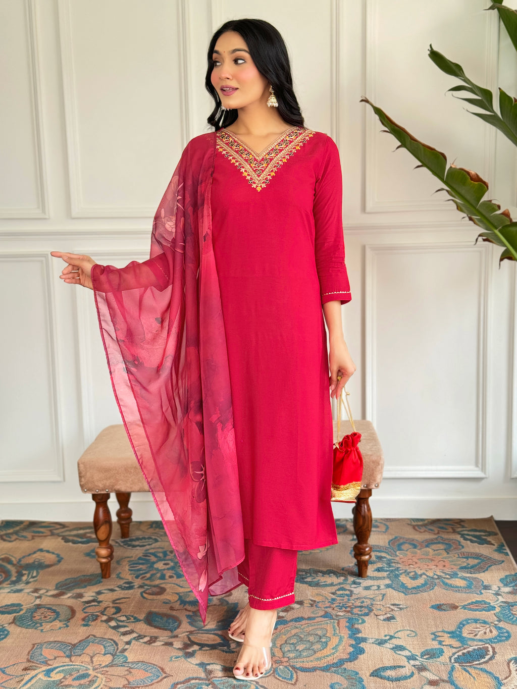Women's Red Rayon Embroidered Straight Kurta with Rayon Pant And Silk Printed Dupatta Sets