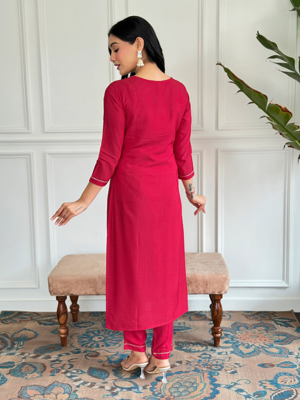 Women's Red Rayon Embroidered Straight Kurta with Rayon Pant And Silk Printed Dupatta Sets
