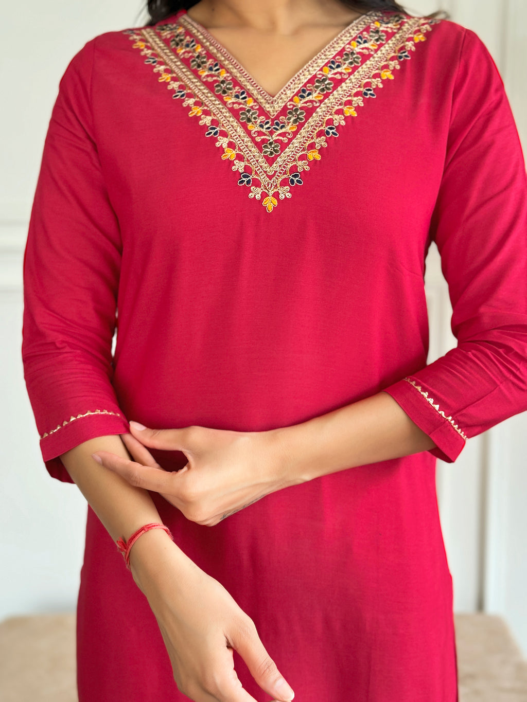 Women's Red Rayon Embroidered Straight Kurta with Rayon Pant And Silk Printed Dupatta Sets