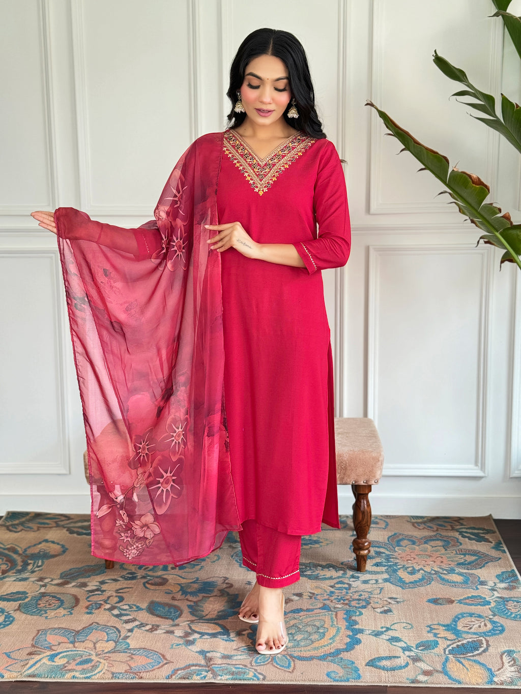 Women's Red Rayon Embroidered Straight Kurta with Rayon Pant And Silk Printed Dupatta Sets