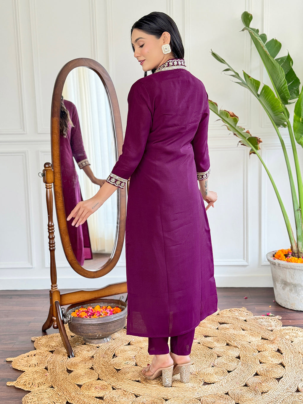 Women's Petrol Viscose Silk Embroidered Straight Kurta with Viscose Silk Pant And Chinon Printed Dupatta Sets