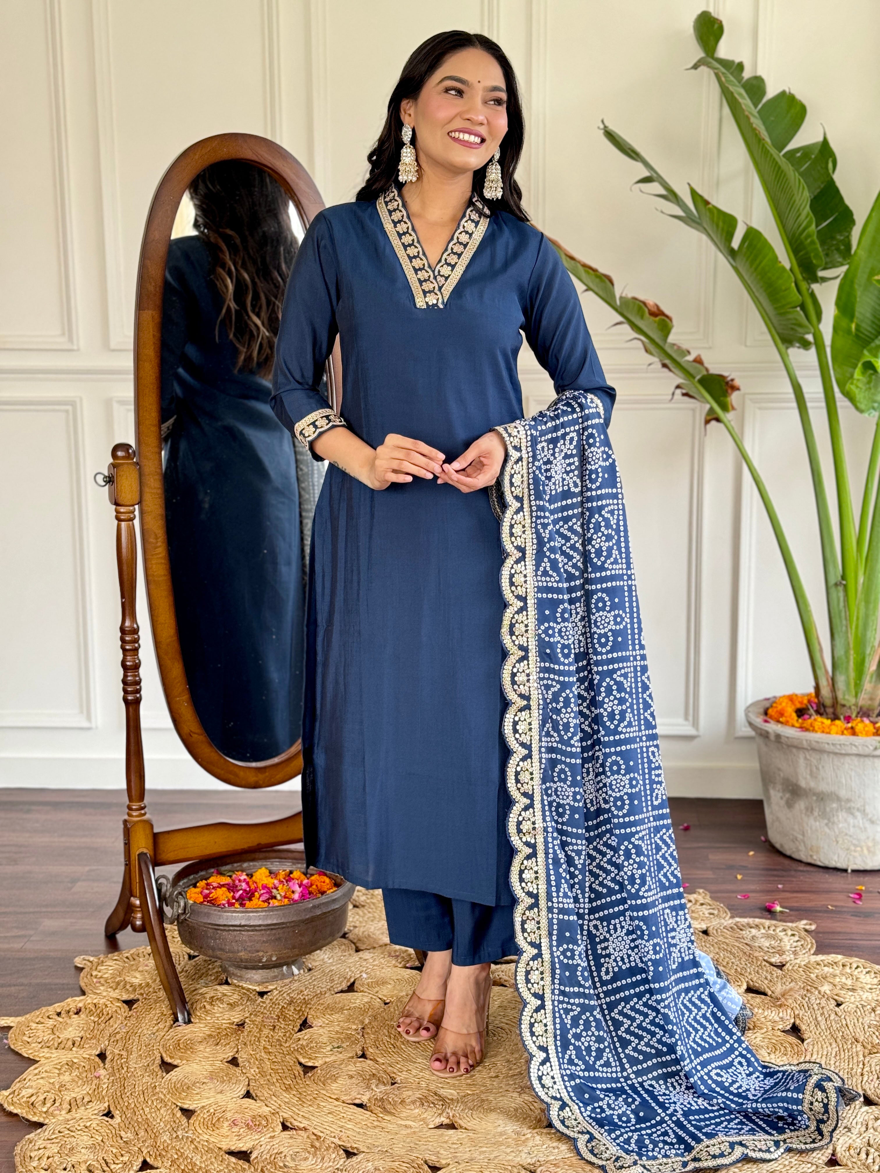 Women's Petrol Viscose Silk Embroidered Straight Kurta with Viscose Silk Pant And Chinon Printed Dupatta Sets