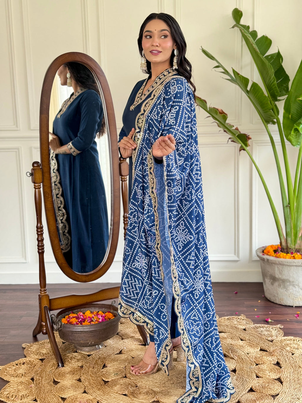 Women's Petrol Viscose Silk Embroidered Straight Kurta with Viscose Silk Pant And Chinon Printed Dupatta Sets