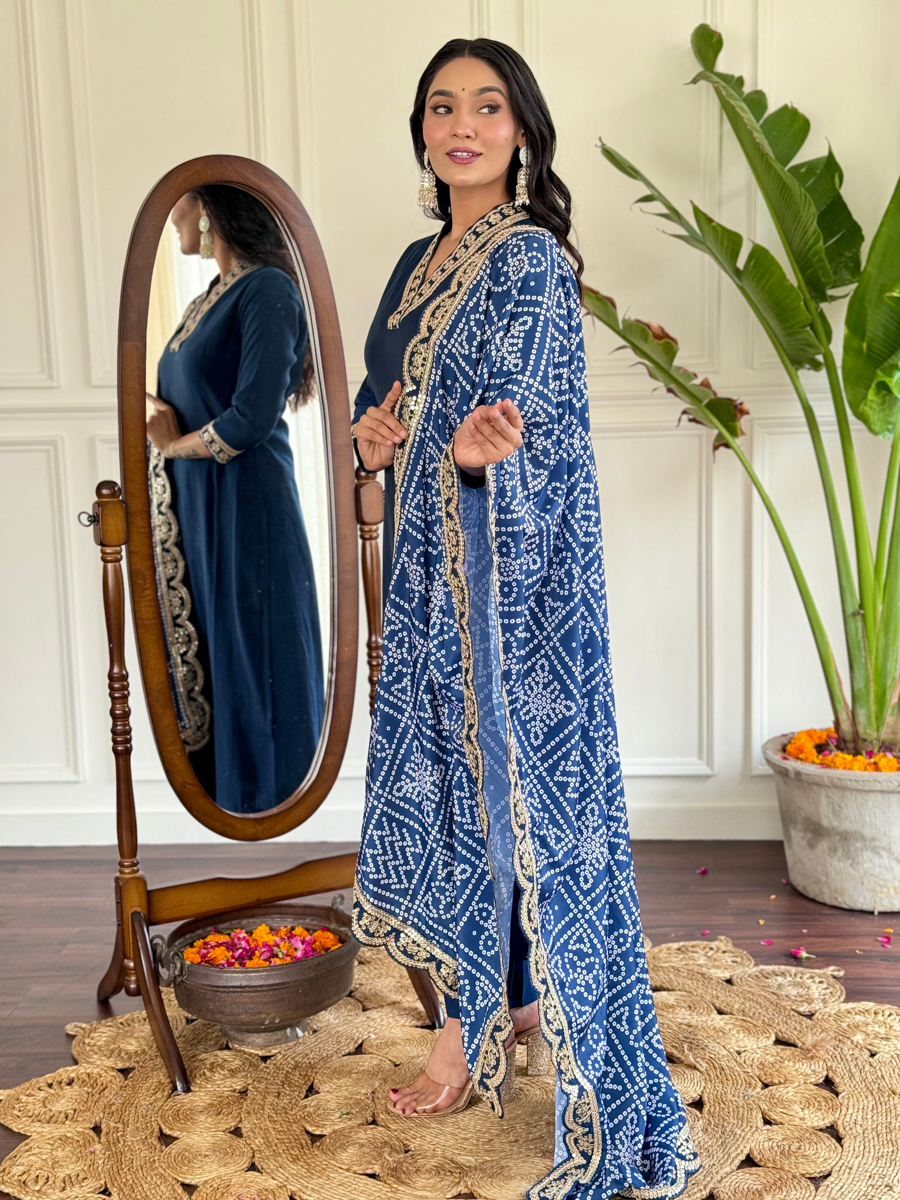 Women's Petrol Viscose Silk Embroidered Straight Kurta with Viscose Silk Pant And Chinon Printed Dupatta Sets
