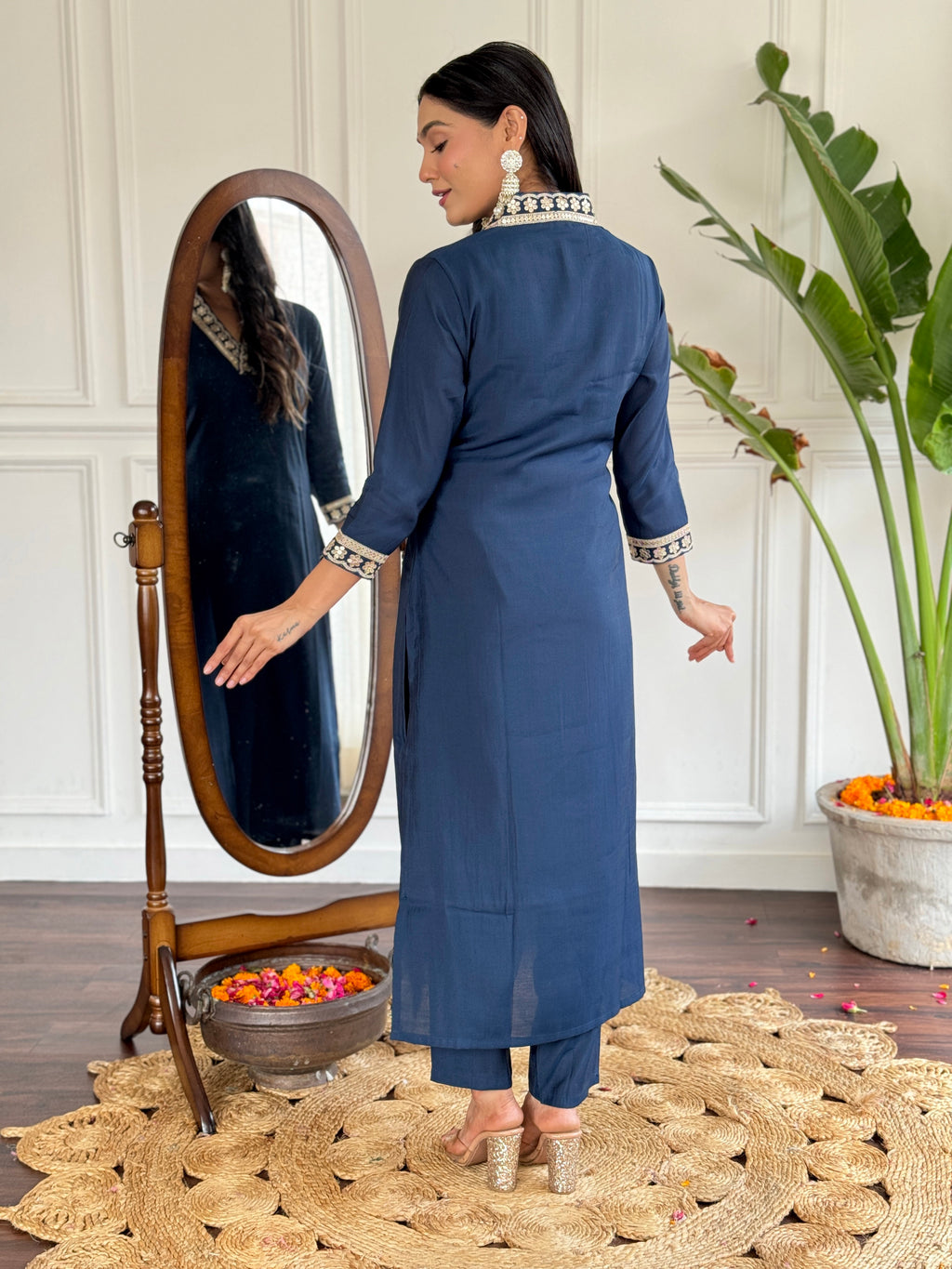 Women's Petrol Viscose Silk Embroidered Straight Kurta with Viscose Silk Pant And Chinon Printed Dupatta Sets