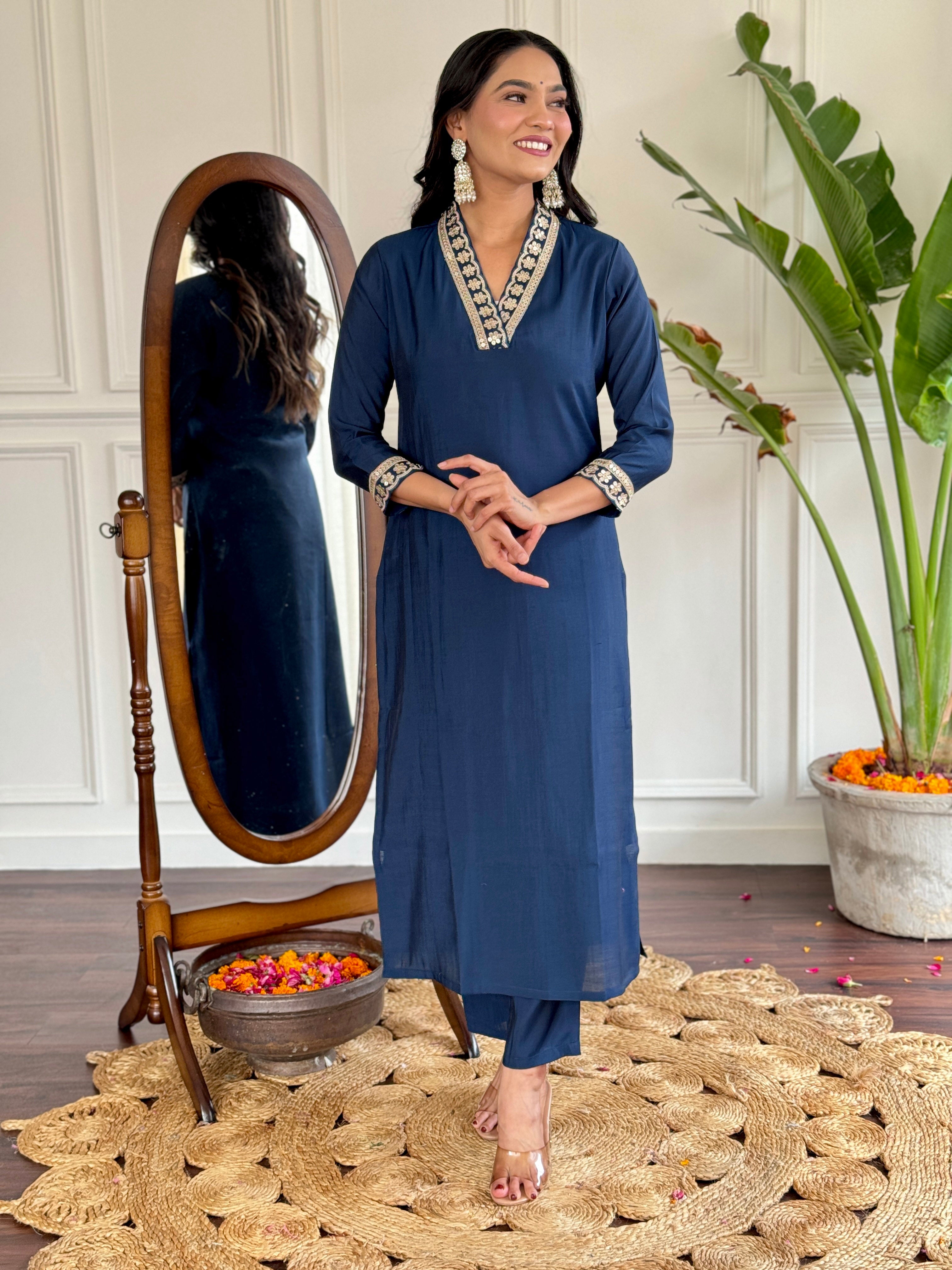 Women's Petrol Viscose Silk Embroidered Straight Kurta with Viscose Silk Pant And Chinon Printed Dupatta Sets