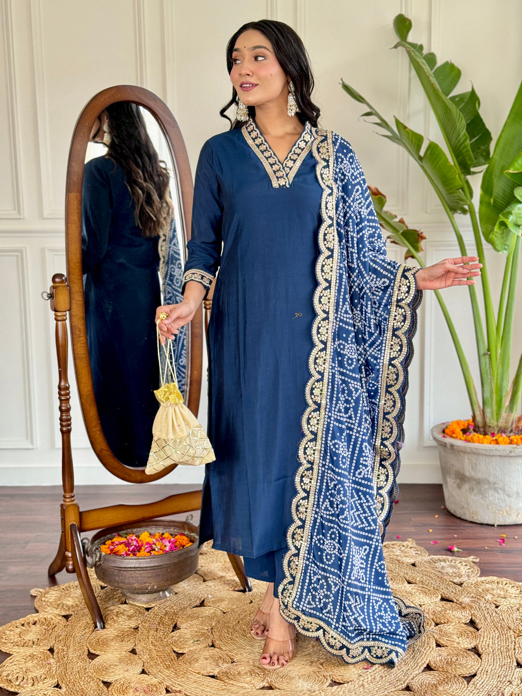 Women's Petrol Viscose Silk Embroidered Straight Kurta with Viscose Silk Pant And Chinon Printed Dupatta Sets