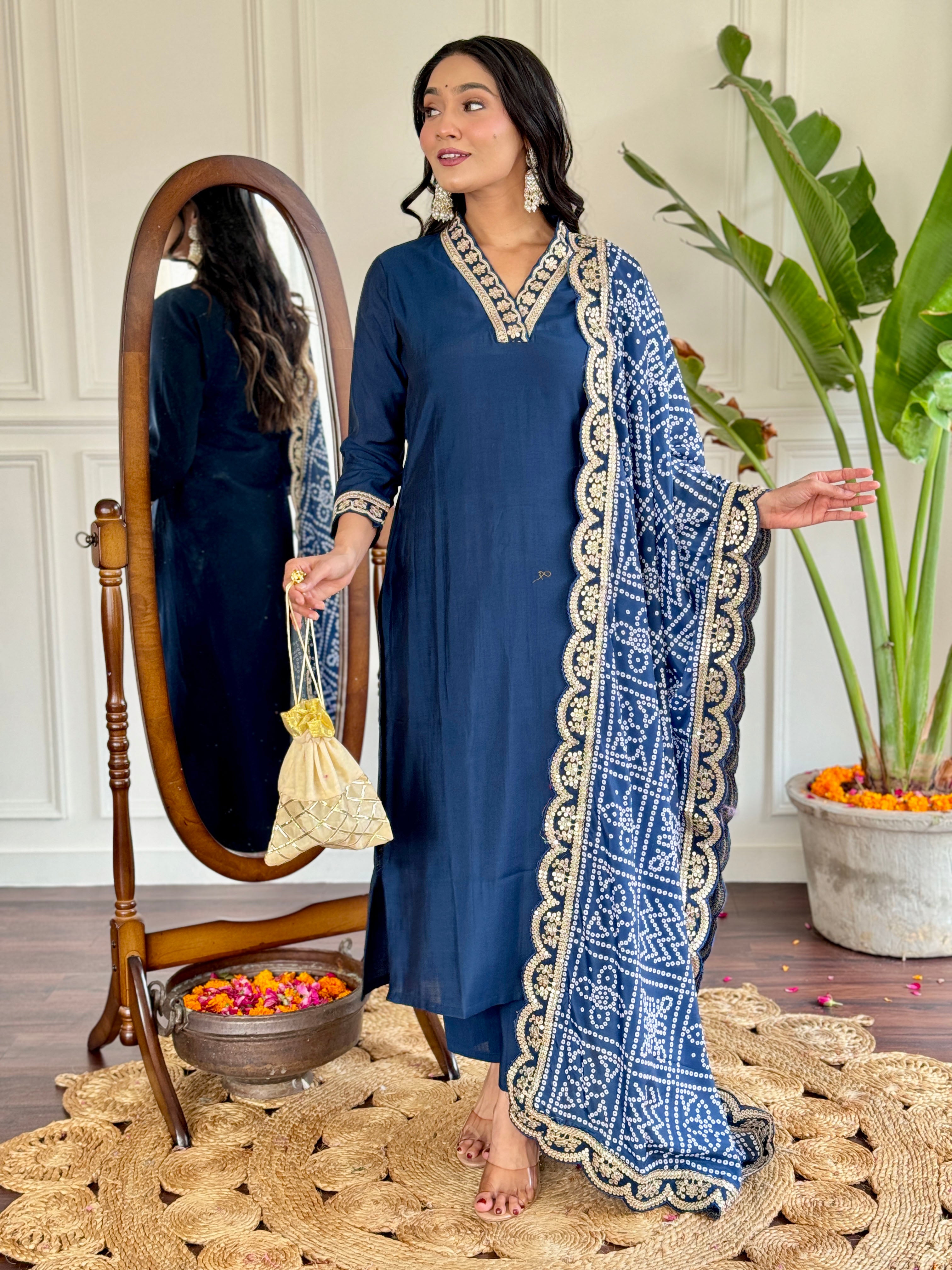 Women's Petrol Viscose Silk Embroidered Straight Kurta with Viscose Silk Pant And Chinon Printed Dupatta Sets