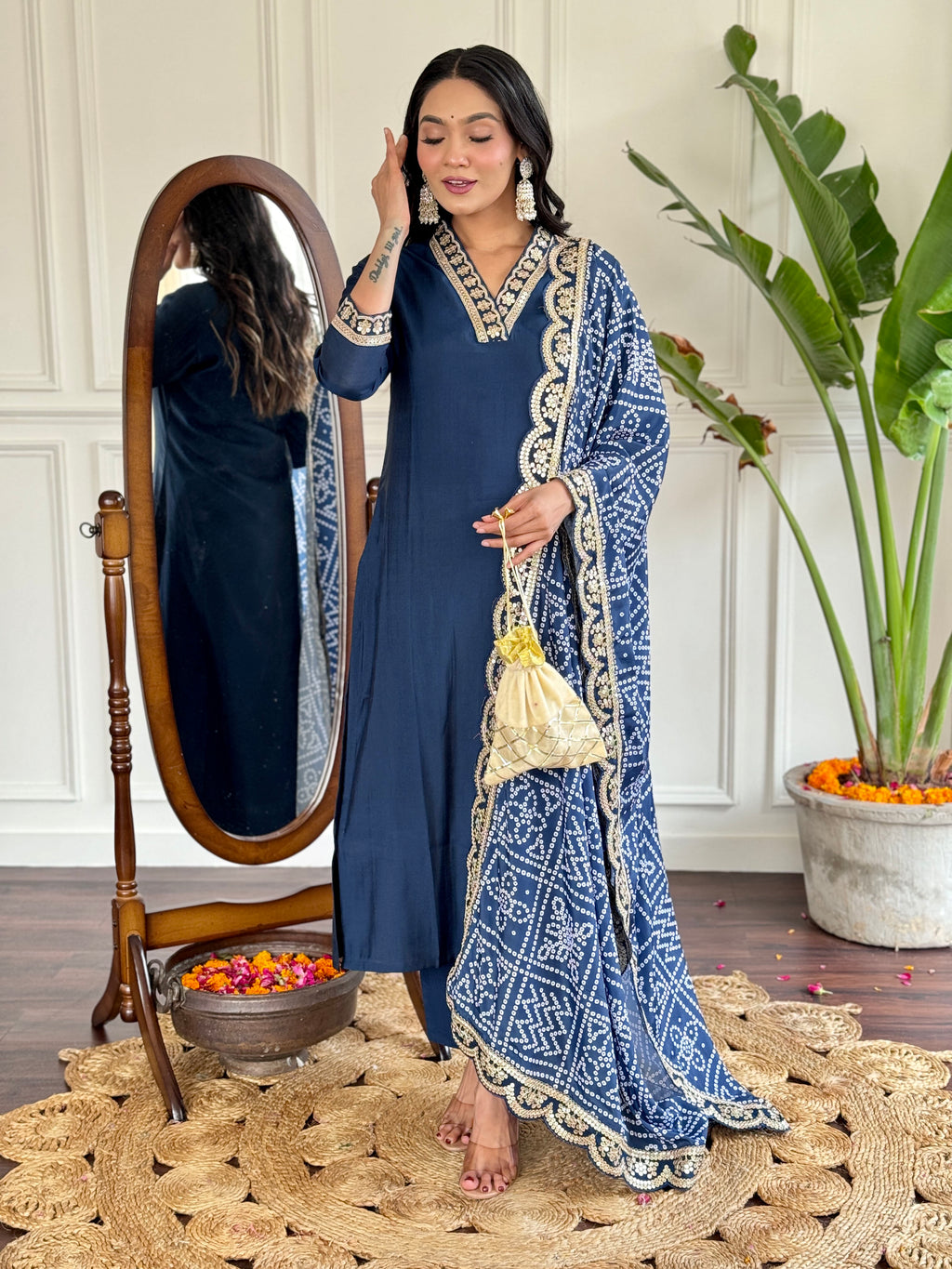 Women's Petrol Viscose Silk Embroidered Straight Kurta with Viscose Silk Pant And Chinon Printed Dupatta Sets
