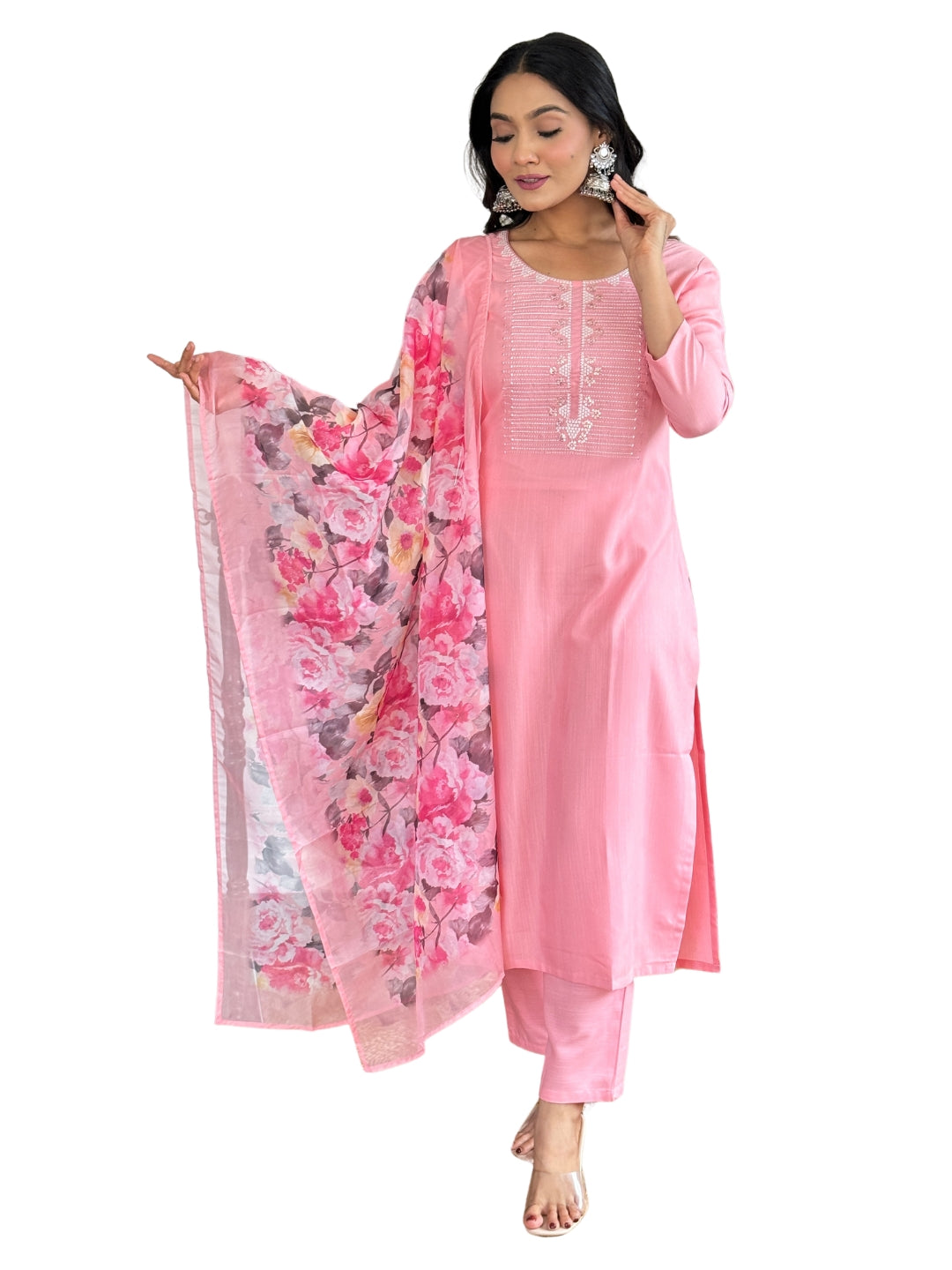 Women's Pink Rayon Slub Embroidered Straight Kurta with Rayon Slub Pant And Silk Printed Dupatta Sets