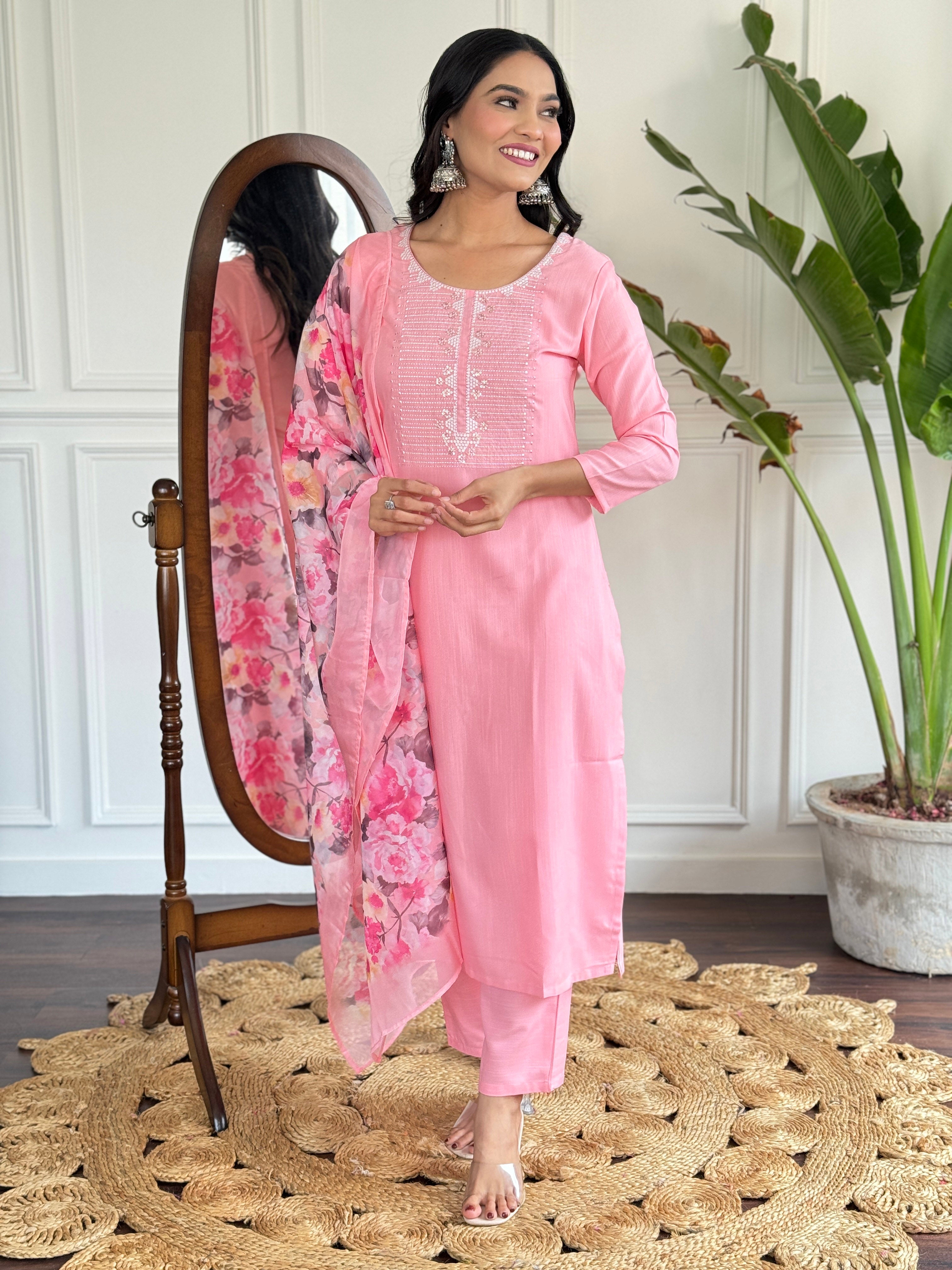 Women's Pink Rayon Slub Embroidered Straight Kurta with Rayon Slub Pant And Silk Printed Dupatta Sets