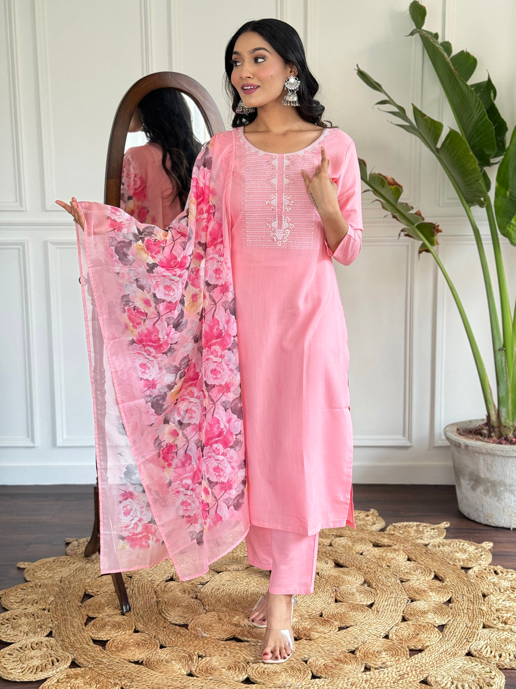 Women's Pink Rayon Slub Embroidered Straight Kurta with Rayon Slub Pant And Silk Printed Dupatta Sets