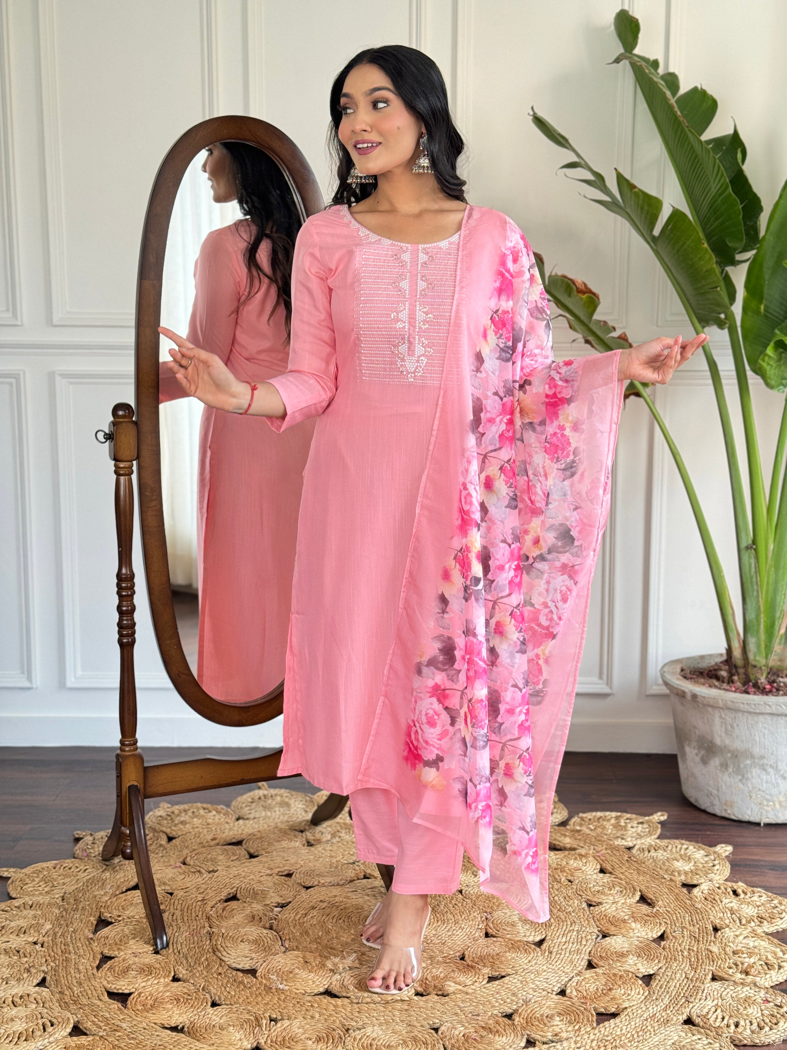 Women's Pink Rayon Slub Embroidered Straight Kurta with Rayon Slub Pant And Silk Printed Dupatta Sets