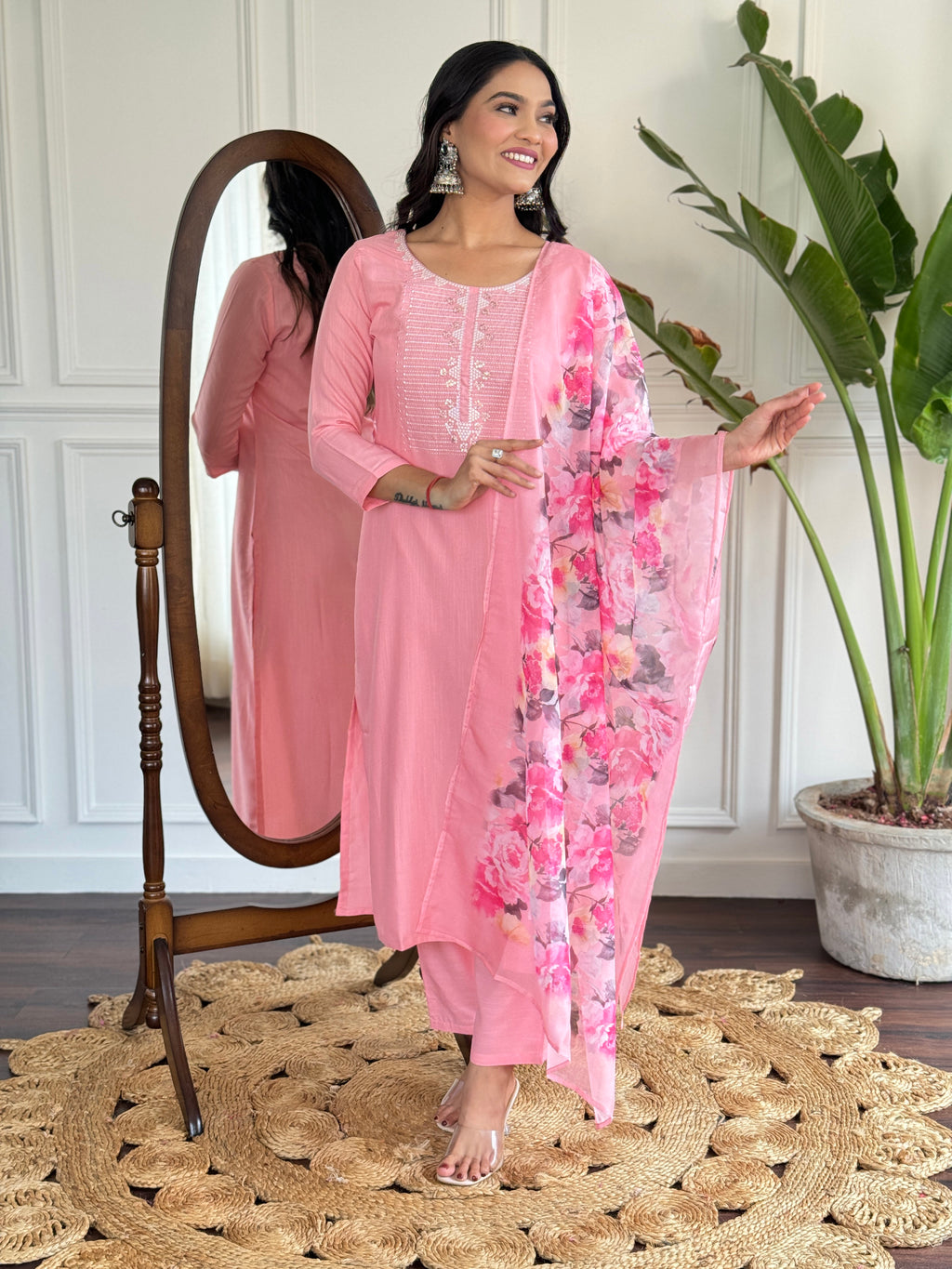 Women's Pink Rayon Slub Embroidered Straight Kurta with Rayon Slub Pant And Silk Printed Dupatta Sets
