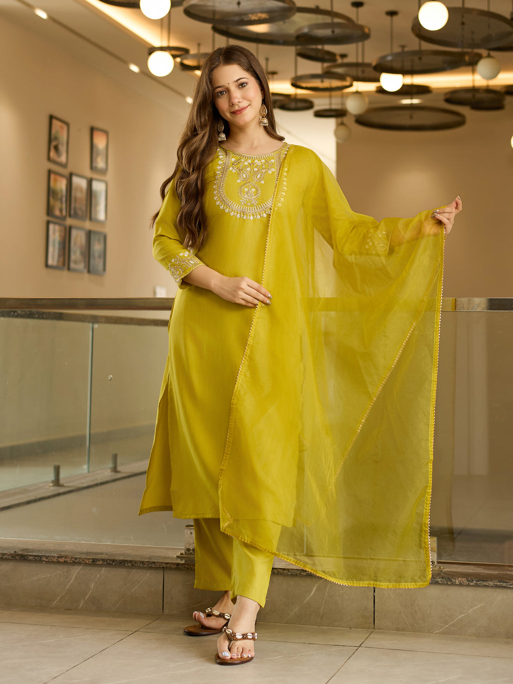 Women's Rayon Slub Embroidered Straight Kurta with Rayon Slub Pant And Organza Laced Dupatta Sets