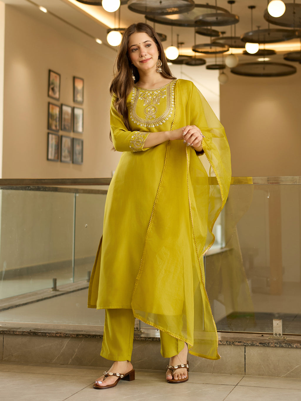 Women's Rayon Slub Embroidered Straight Kurta with Rayon Slub Pant And Organza Laced Dupatta Sets