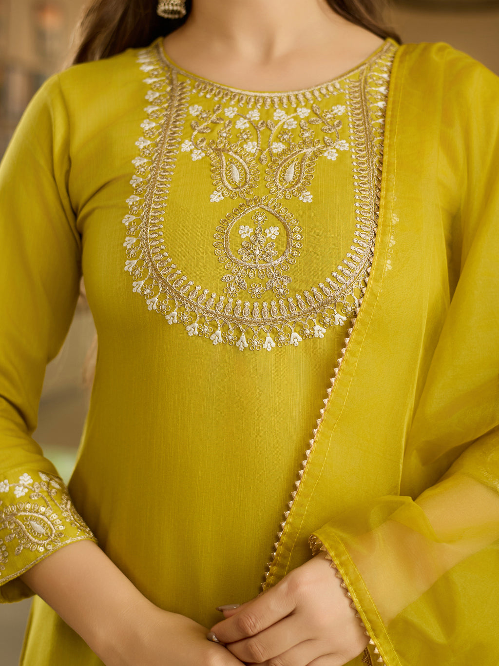 Women's Rayon Slub Embroidered Straight Kurta with Rayon Slub Pant And Organza Laced Dupatta Sets