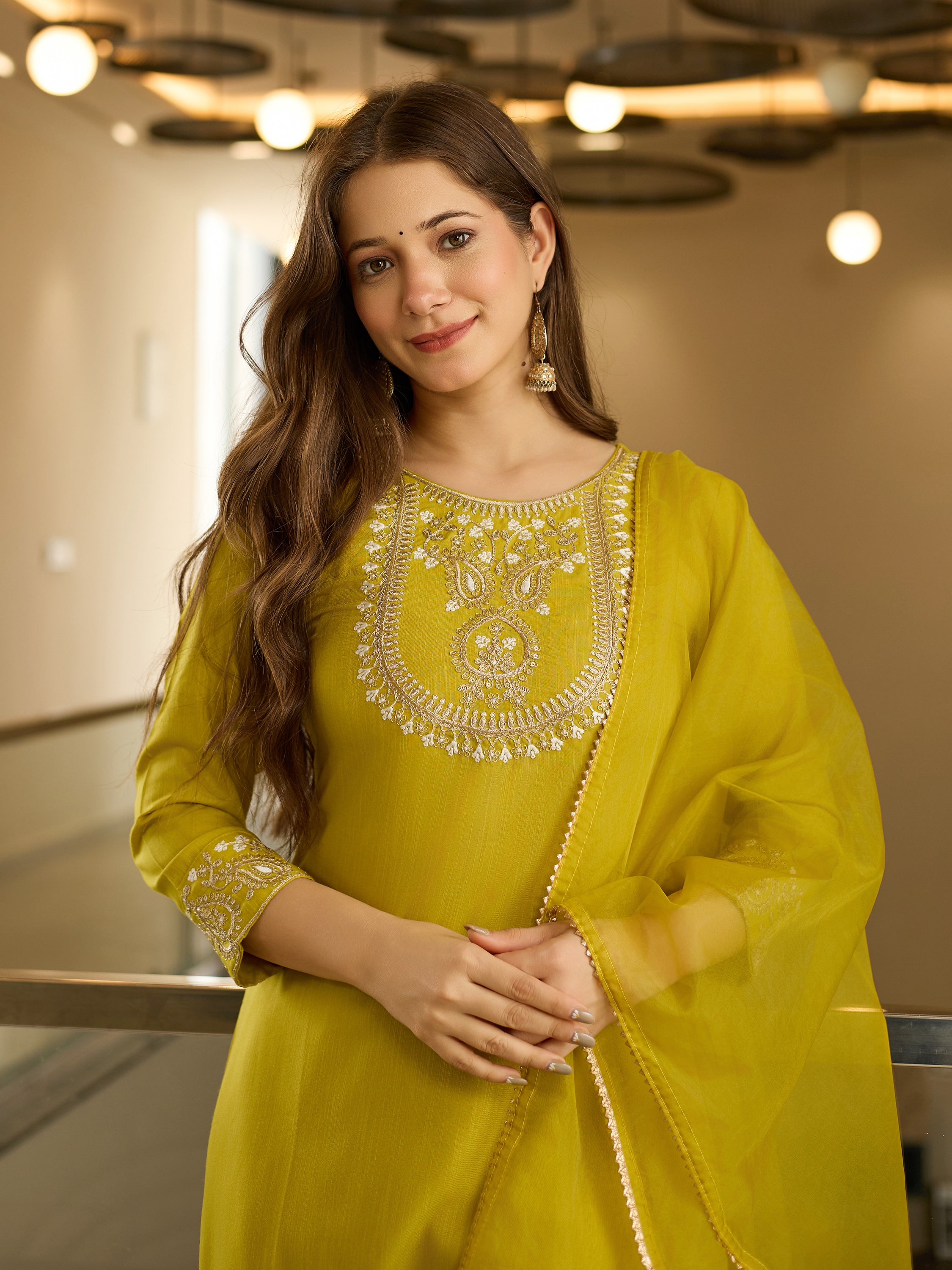 Women's Rayon Slub Embroidered Straight Kurta with Rayon Slub Pant And Organza Laced Dupatta Sets