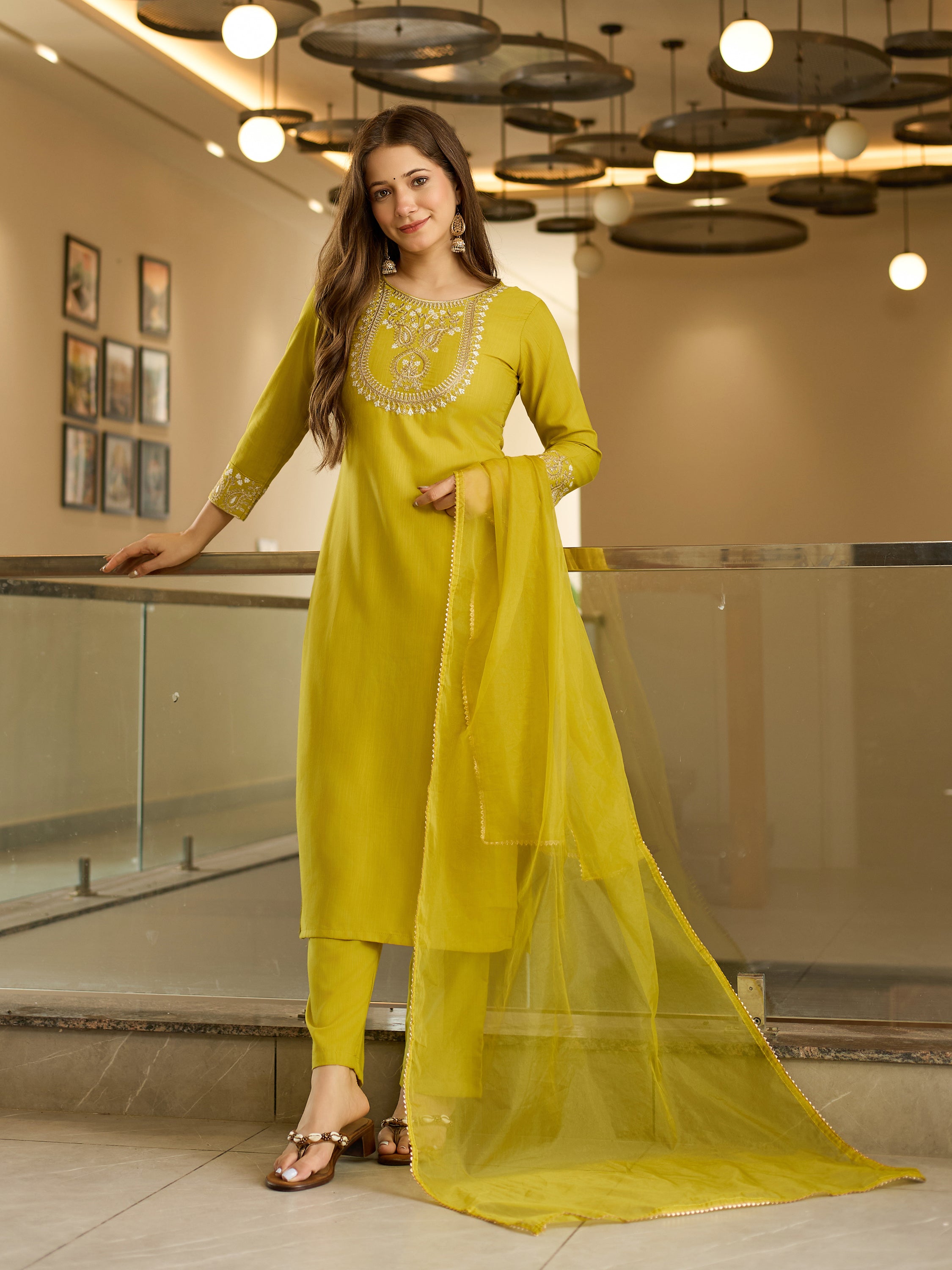 Women's Rayon Slub Embroidered Straight Kurta with Rayon Slub Pant And Organza Laced Dupatta Sets