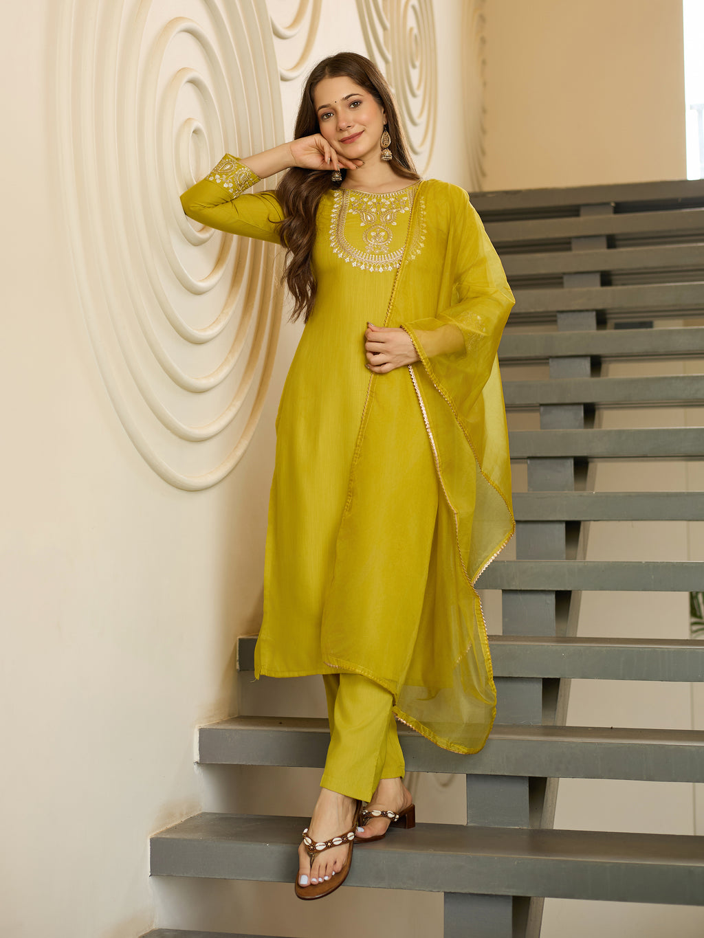 Women's Rayon Slub Embroidered Straight Kurta with Rayon Slub Pant And Organza Laced Dupatta Sets