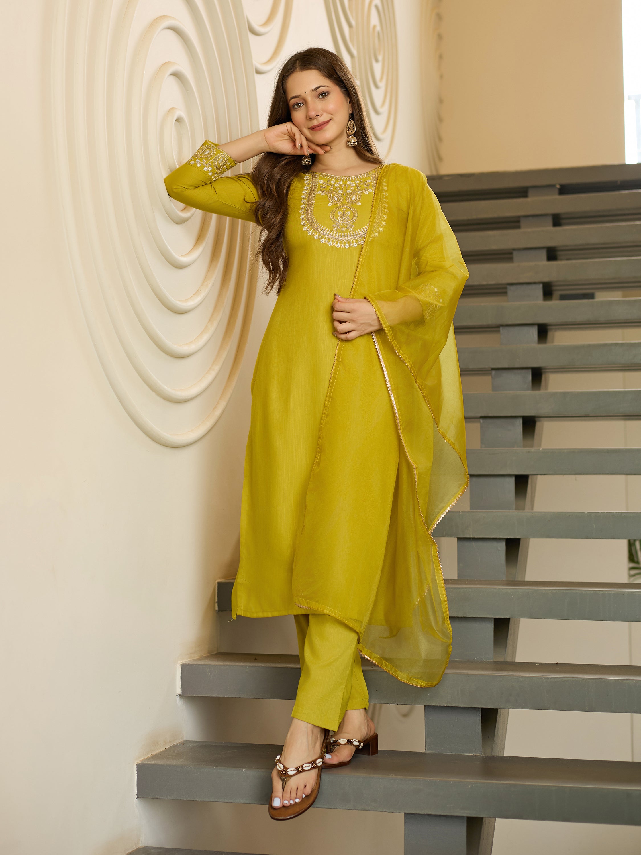 Women's Rayon Slub Embroidered Straight Kurta with Rayon Slub Pant And Organza Laced Dupatta Sets