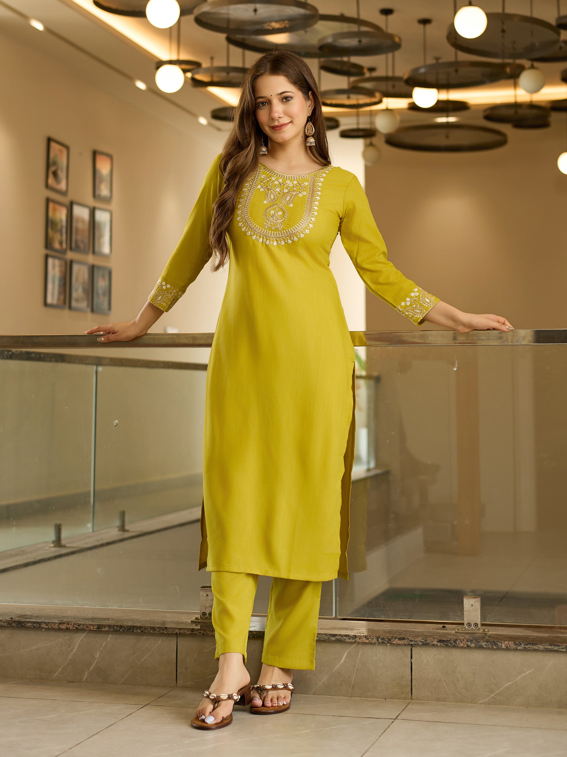 Women's Rayon Slub Embroidered Straight Kurta with Rayon Slub Pant And Organza Laced Dupatta Sets