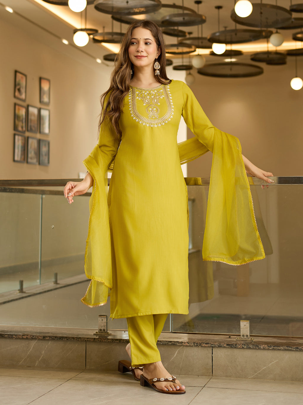 Women's Rayon Slub Embroidered Straight Kurta with Rayon Slub Pant And Organza Laced Dupatta Sets