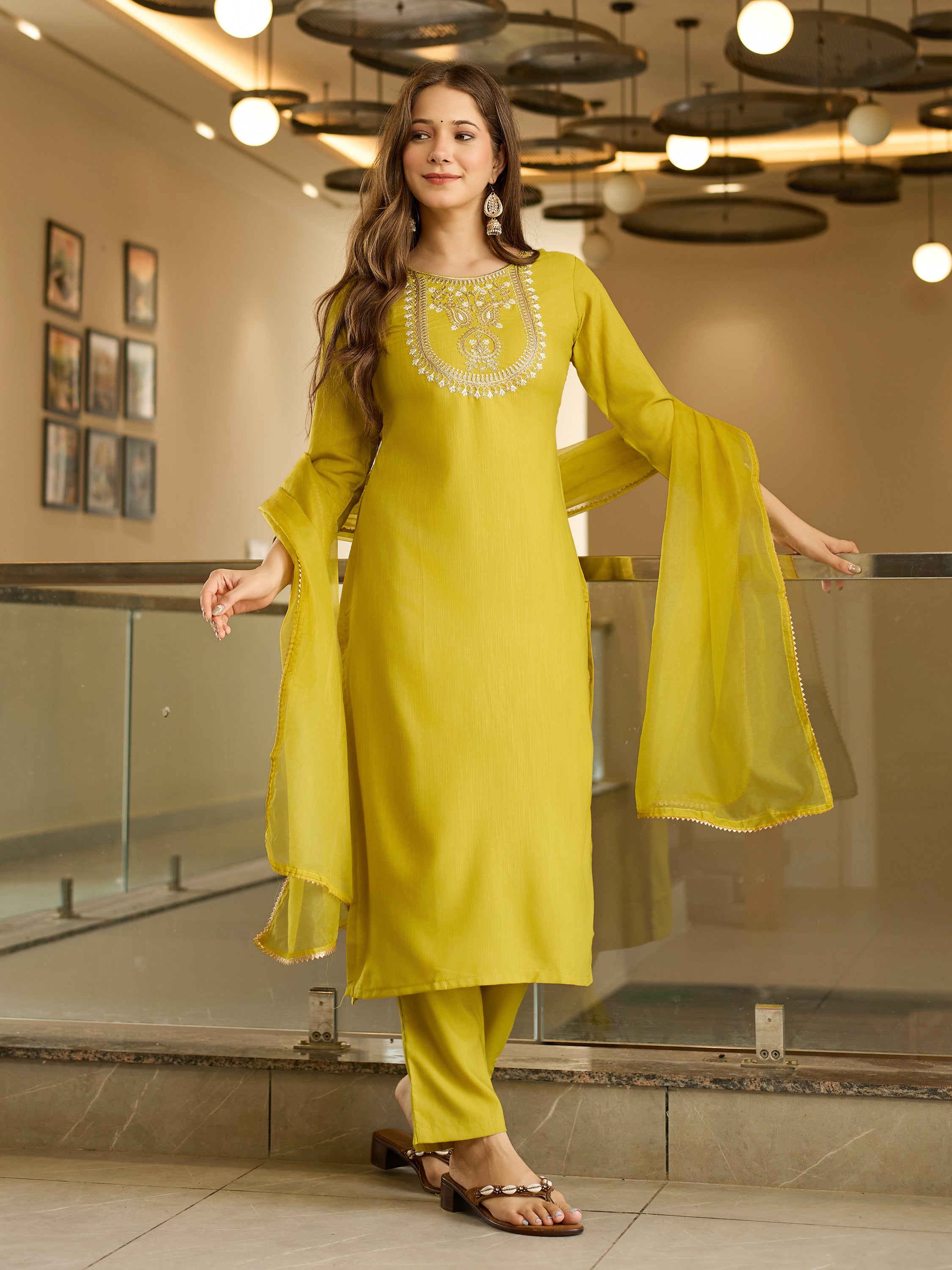 Women's Rayon Slub Embroidered Straight Kurta with Rayon Slub Pant And Organza Laced Dupatta Sets