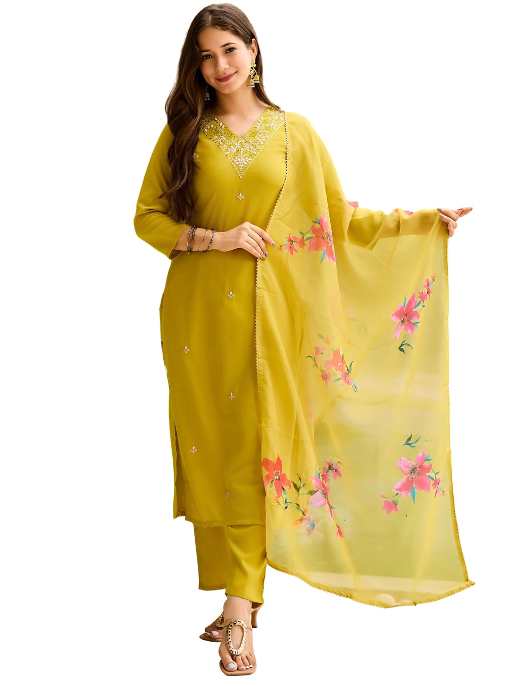 Women's Rayon Slub Embroidered Straight Kurta with Pant And Dupatta Sets