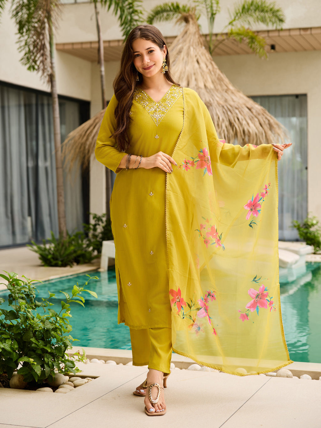 Women's Rayon Slub Embroidered Straight Kurta with Pant And Dupatta Sets