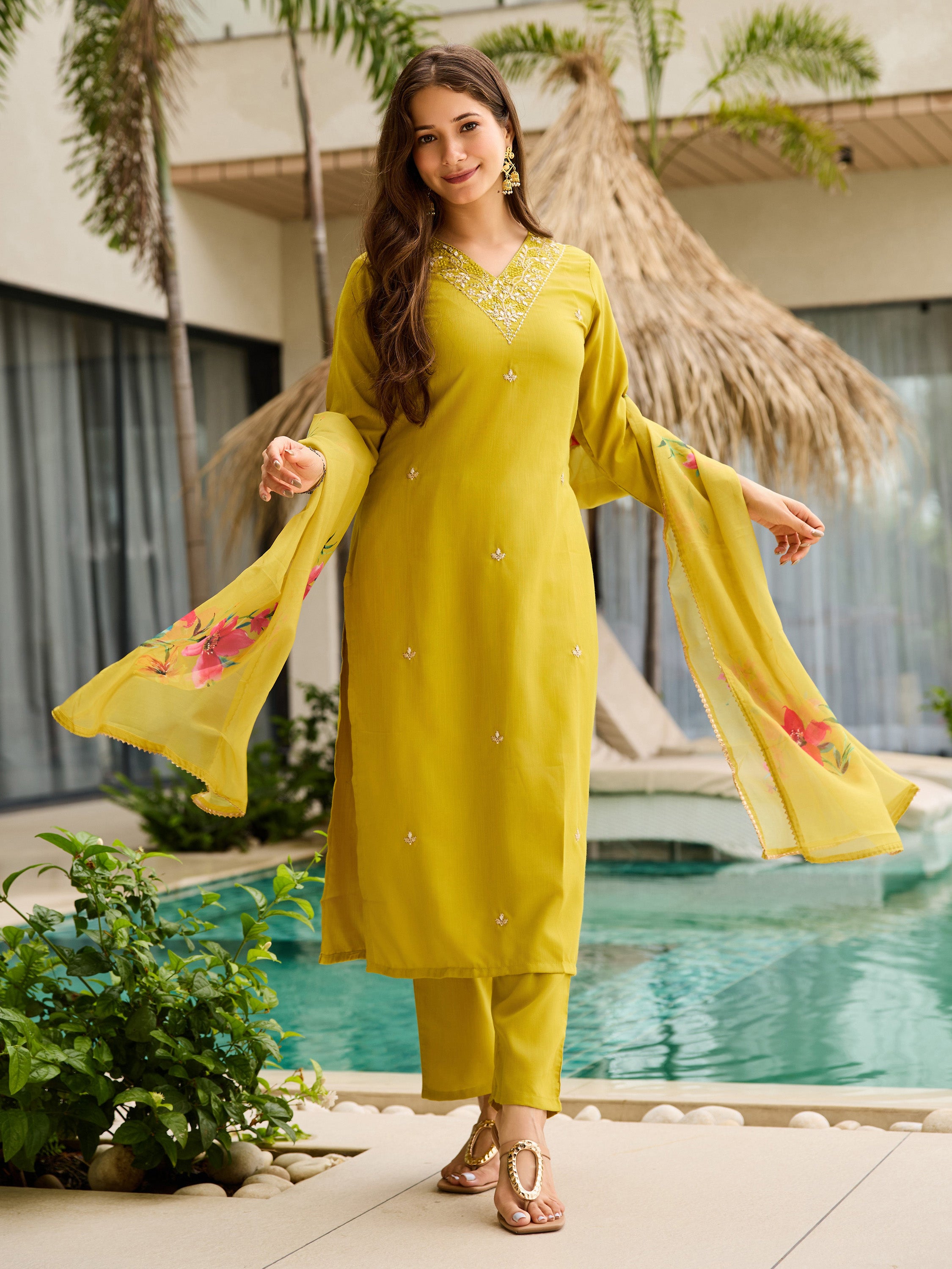 Women's Rayon Slub Embroidered Straight Kurta with Pant And Dupatta Sets