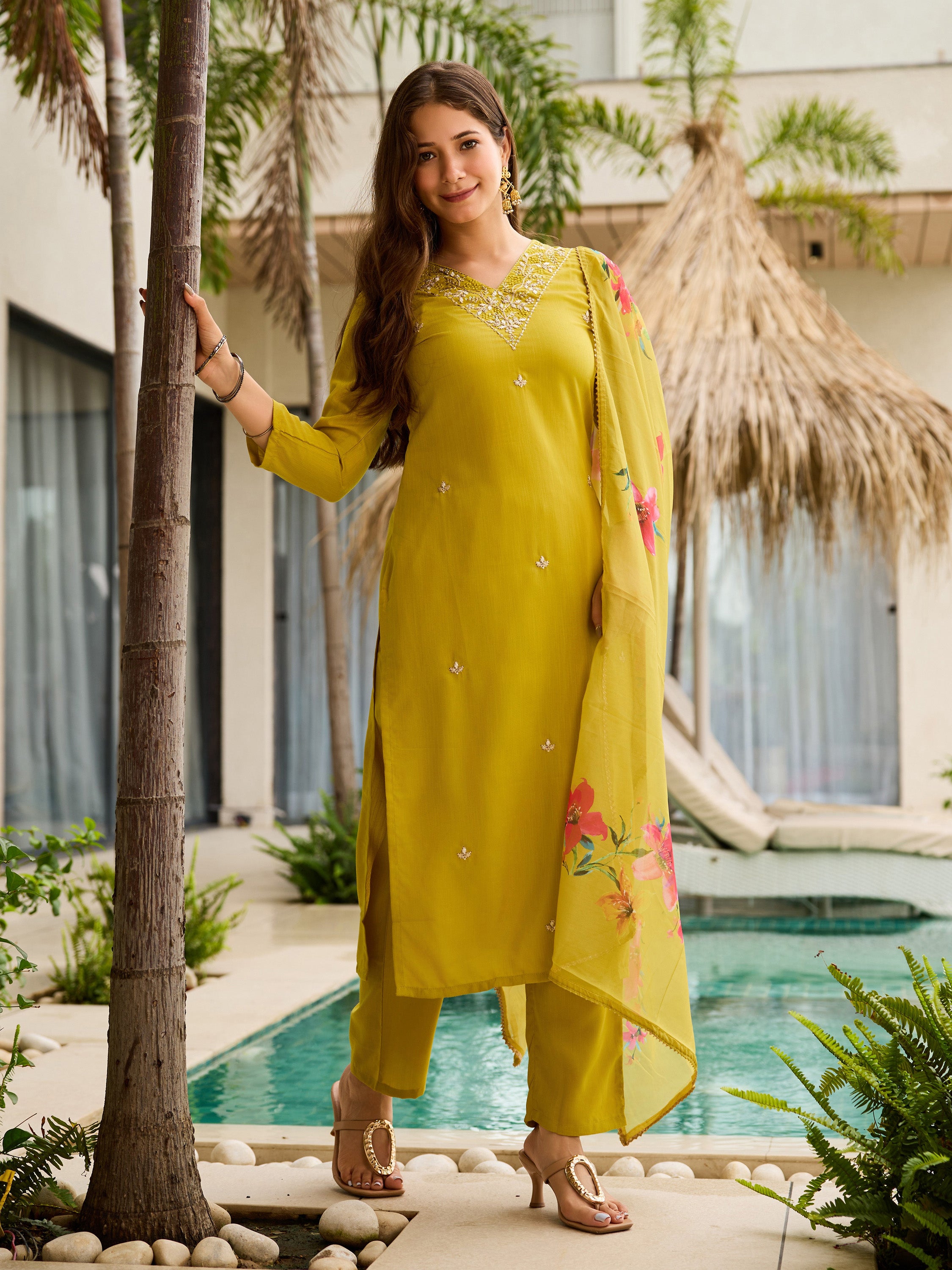 Women's Rayon Slub Embroidered Straight Kurta with Pant And Dupatta Sets