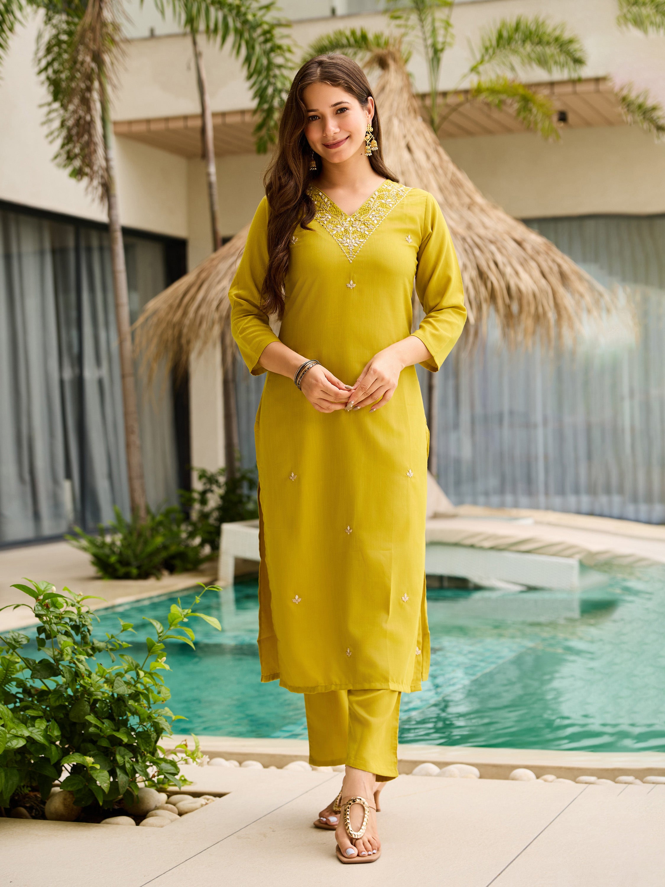 Women's Rayon Slub Embroidered Straight Kurta with Pant And Dupatta Sets