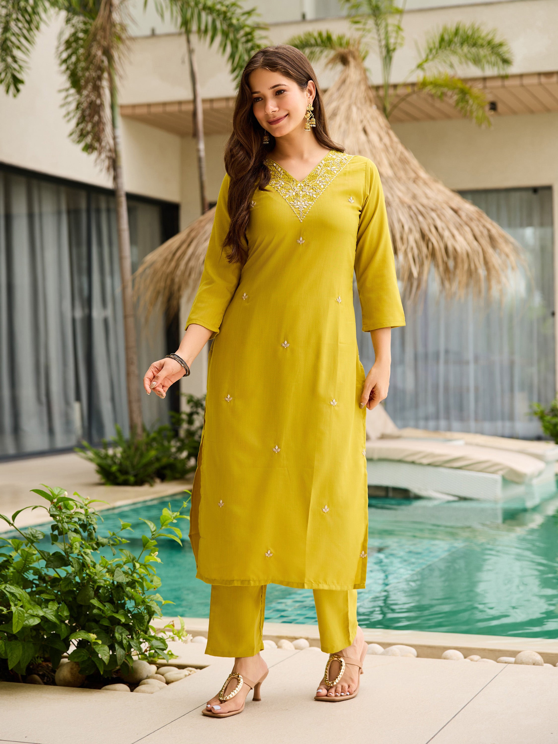 Women's Rayon Slub Embroidered Straight Kurta with Pant And Dupatta Sets