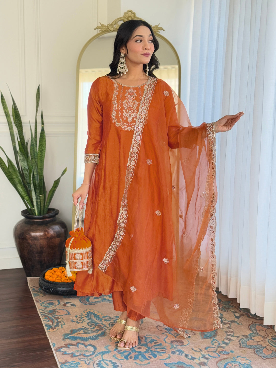 Women's Orange Vichitra Silk Embroidered Straight Kurta with Vichitra Silk Pant And Organza Embroidered Dupatta Sets