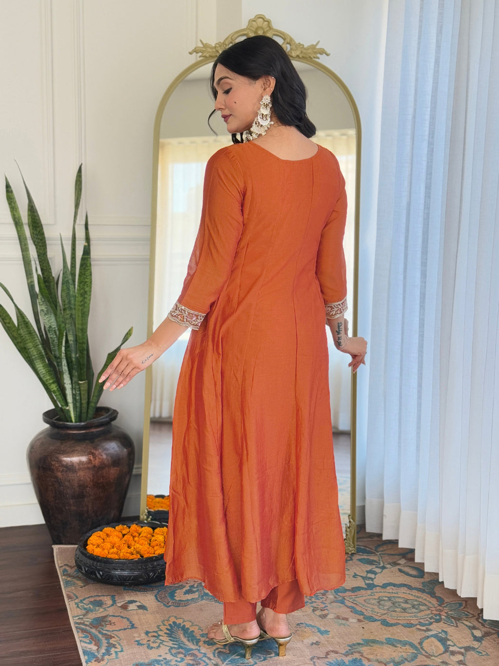 Women's Orange Vichitra Silk Embroidered Straight Kurta with Vichitra Silk Pant And Organza Embroidered Dupatta Sets