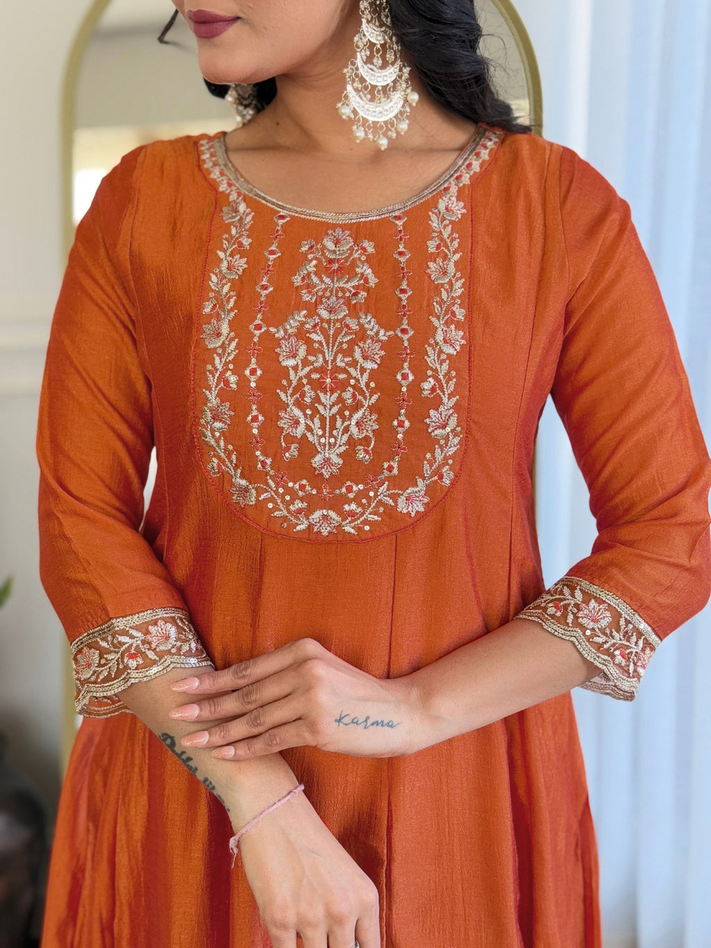 Women's Orange Vichitra Silk Embroidered Straight Kurta with Vichitra Silk Pant And Organza Embroidered Dupatta Sets