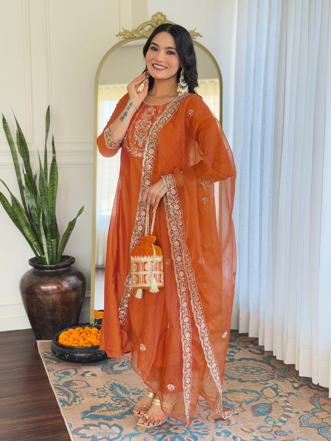 Women's Orange Vichitra Silk Embroidered Straight Kurta with Vichitra Silk Pant And Organza Embroidered Dupatta Sets