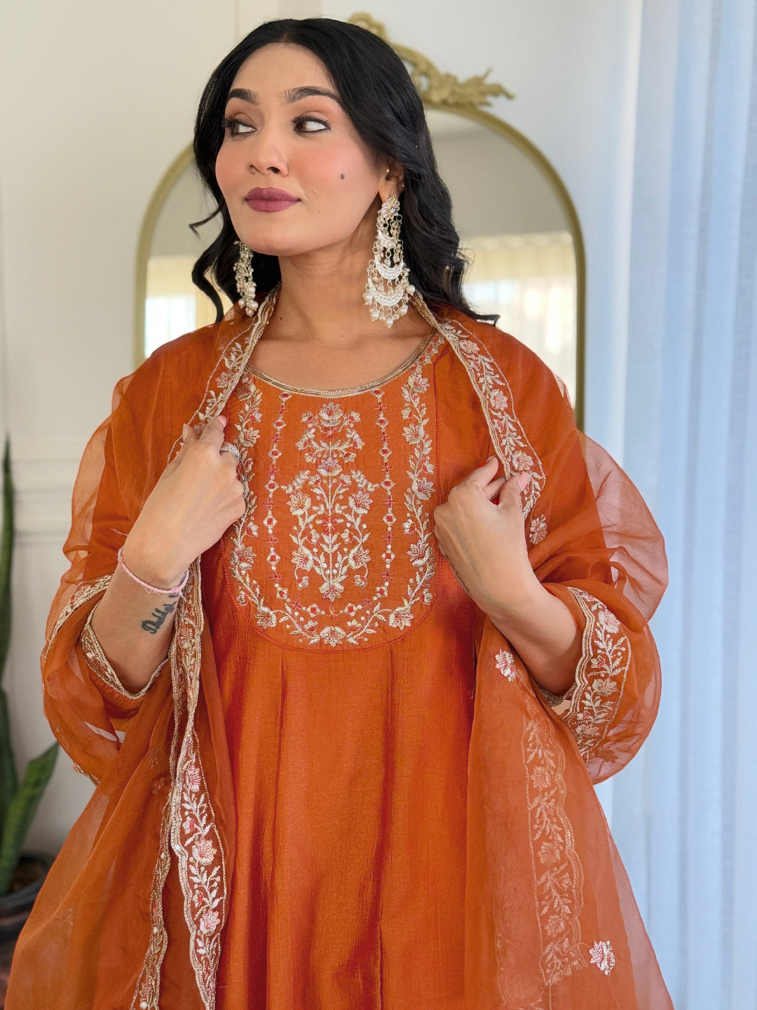 Women's Orange Vichitra Silk Embroidered Straight Kurta with Vichitra Silk Pant And Organza Embroidered Dupatta Sets