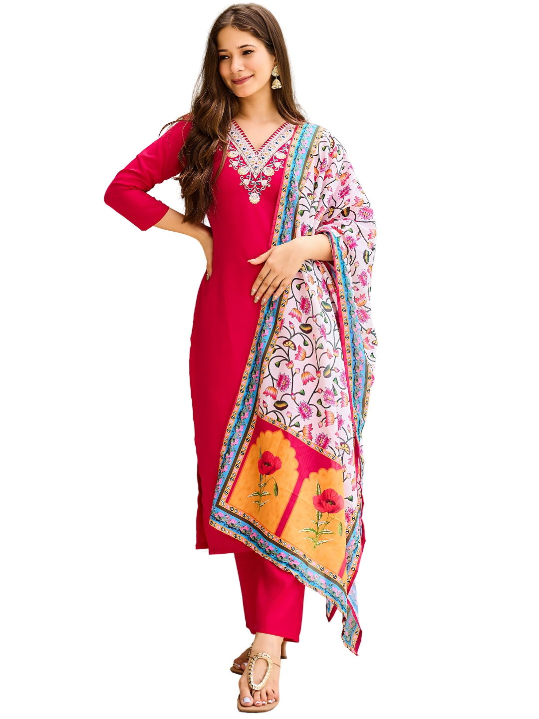 Women's Rayon Embroidered Straight Kurta with Pant And Dupatta Sets