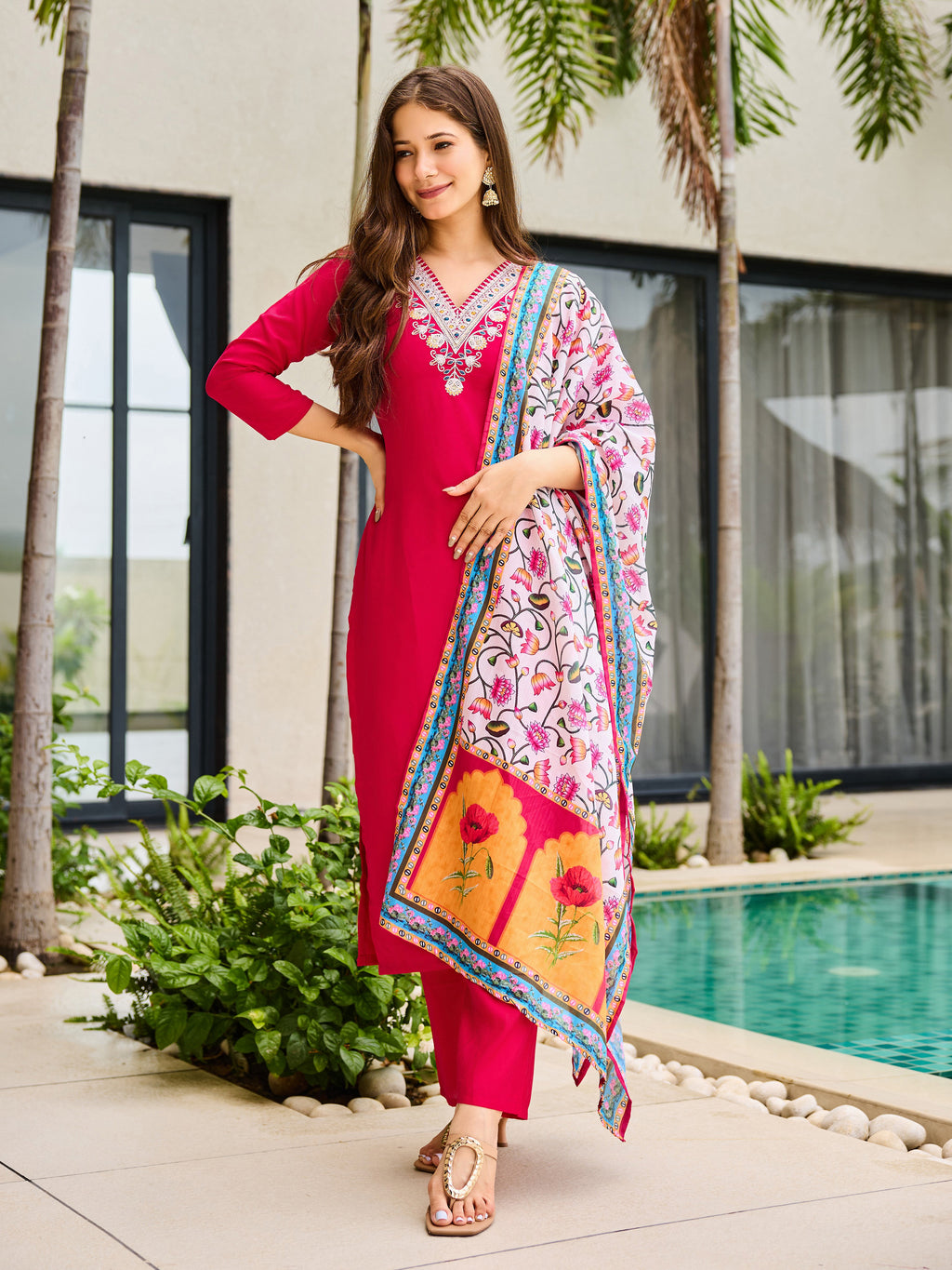 Women's Rayon Embroidered Straight Kurta with Pant And Dupatta Sets