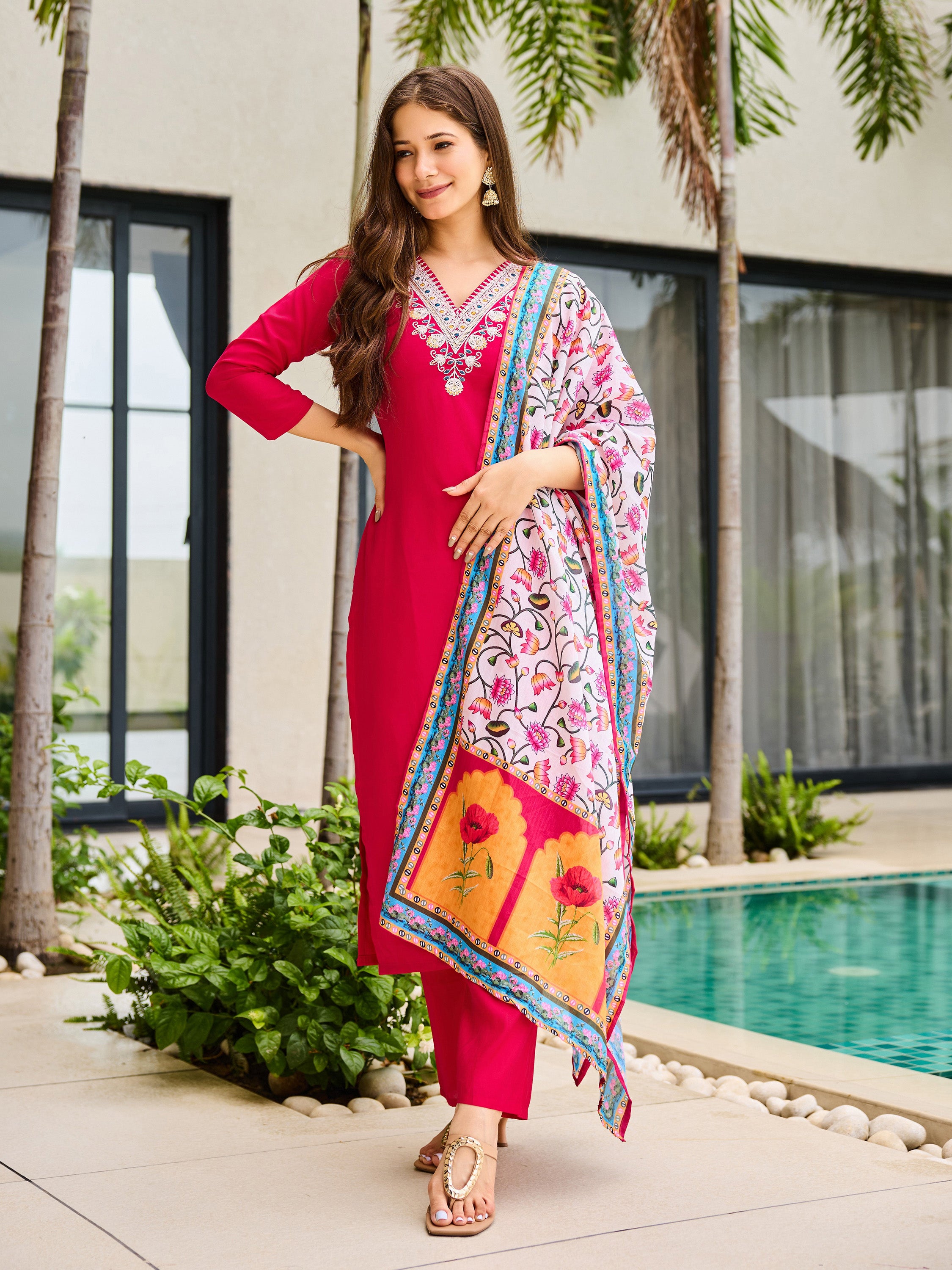 Women's Rayon Embroidered Straight Kurta with Pant And Dupatta Sets