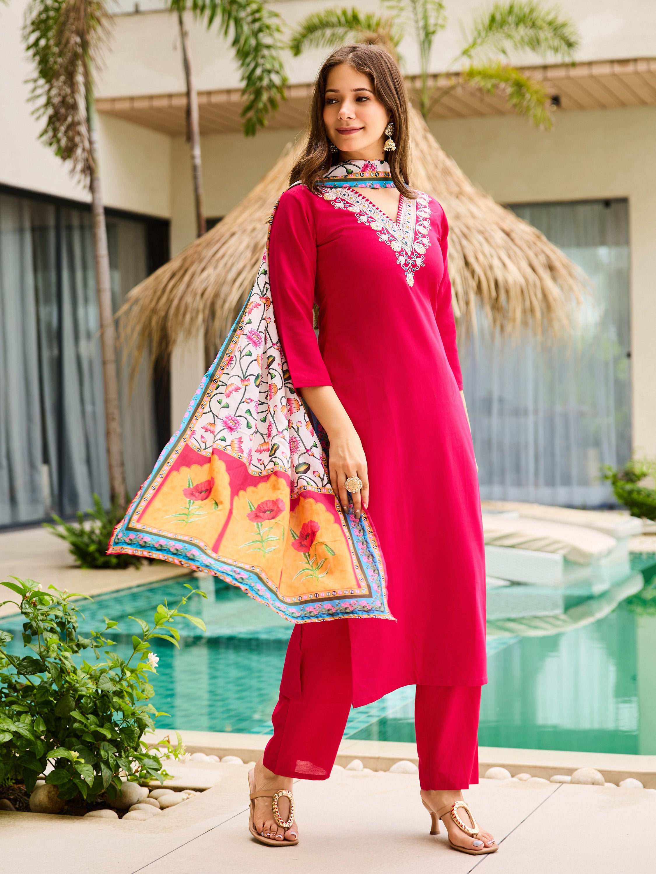 Women's Rayon Embroidered Straight Kurta with Pant And Dupatta Sets